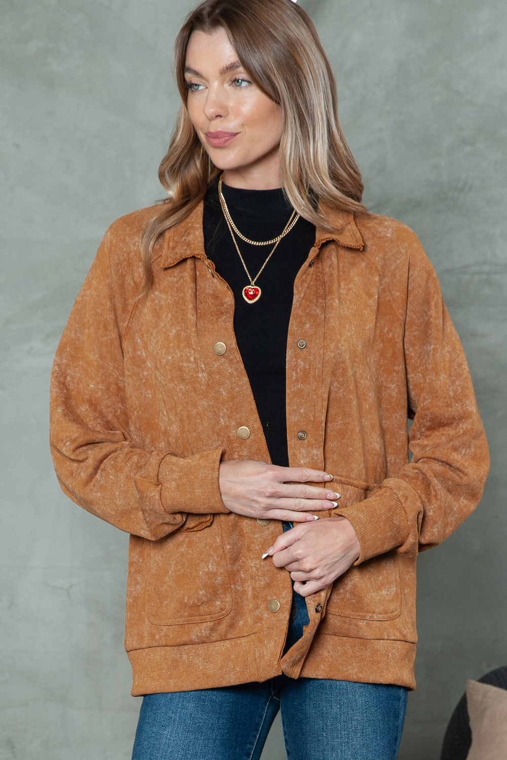 Khaki Snap Button Casual Jacket with Flap Pockets