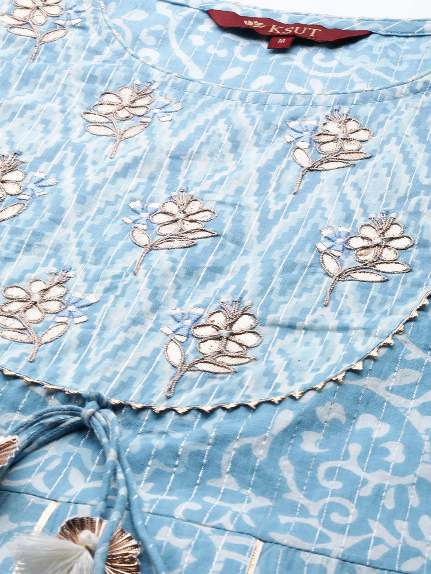 KSUT Blue Cotton Embroidered Kurta Palazzo Set With Dupatta