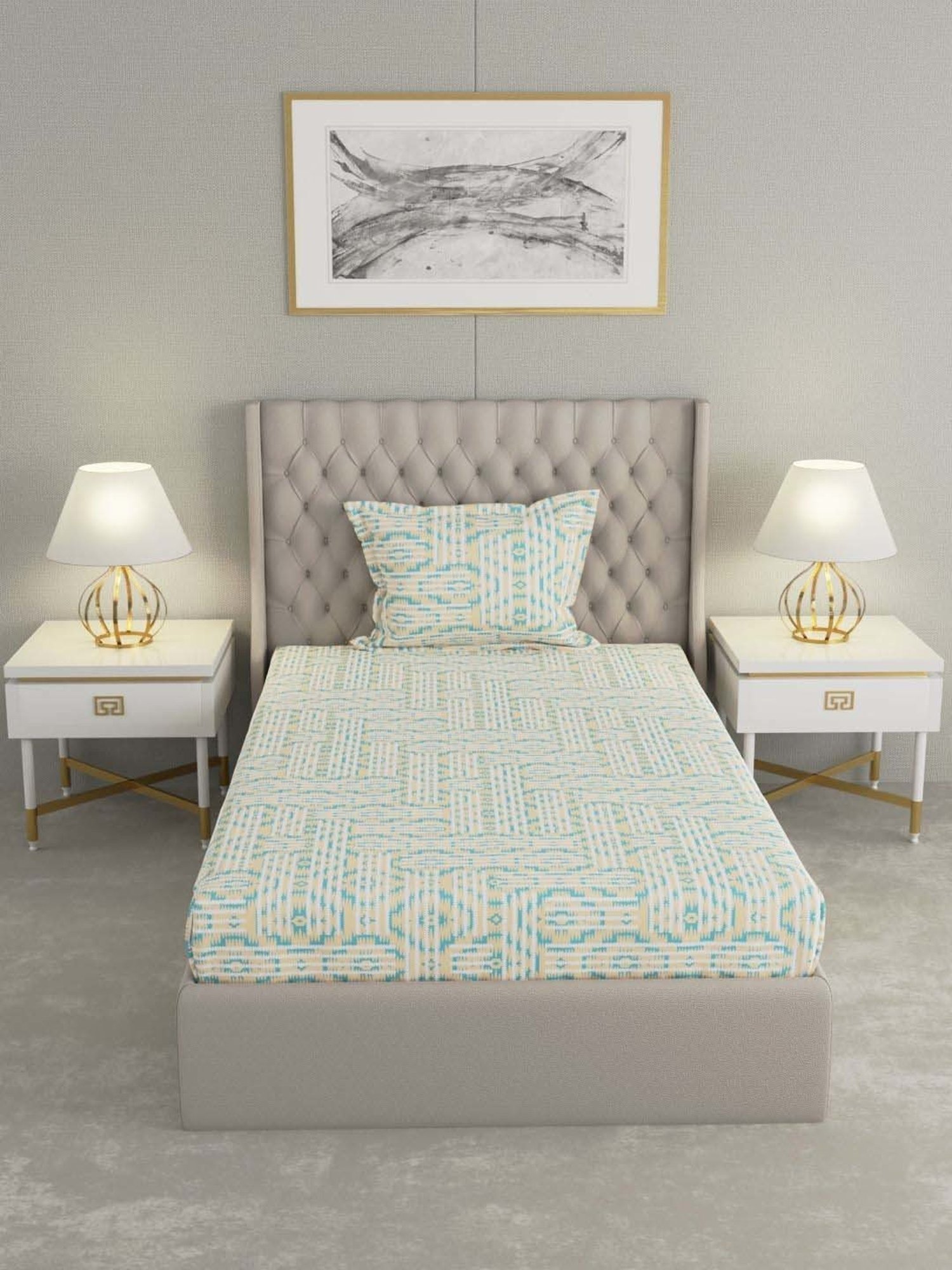 Raymond Home Delight Cream & Green 104 TC Cotton Single Bedsheet with 1 Pillow Cover