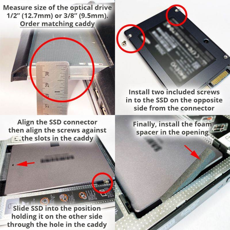 Grand-X 9.5mm SATA-II SATA2.0 2.5" SSD HDD Hard Drive Caddy Adapter Tray Enclosure Laptop Optical Bay Drive Slot for Acer, Asus, Dell, Fujitsu, HP, Lenovo, Samsung, Sony, Toshiba