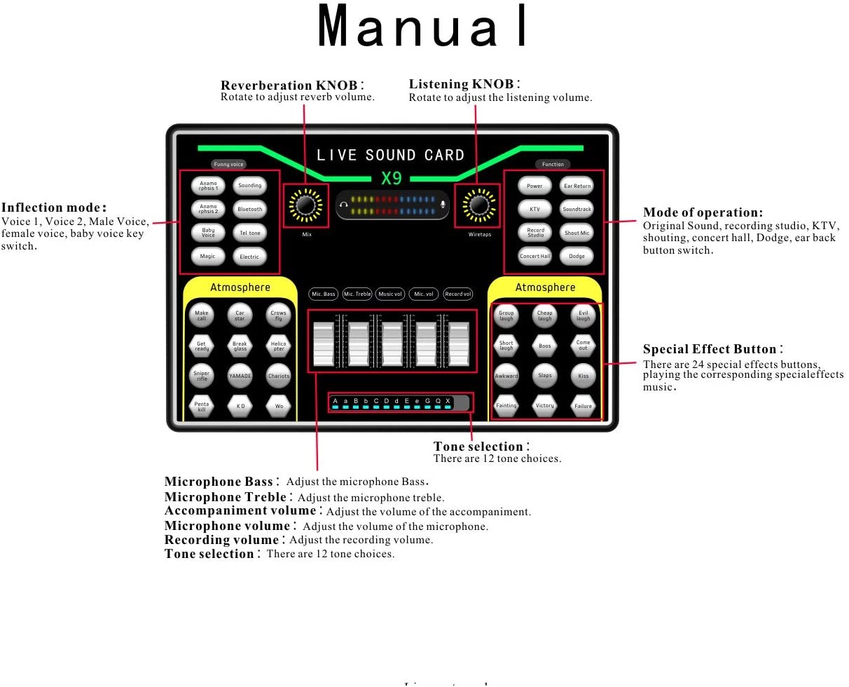 X9 Mini Audio Mixer Sound Card with DSP Independent Reverb Chip, 48V Power Multiple Sound Effects for Live Streaming Studio Recording Karoke Singing for PC or Mobile Phone