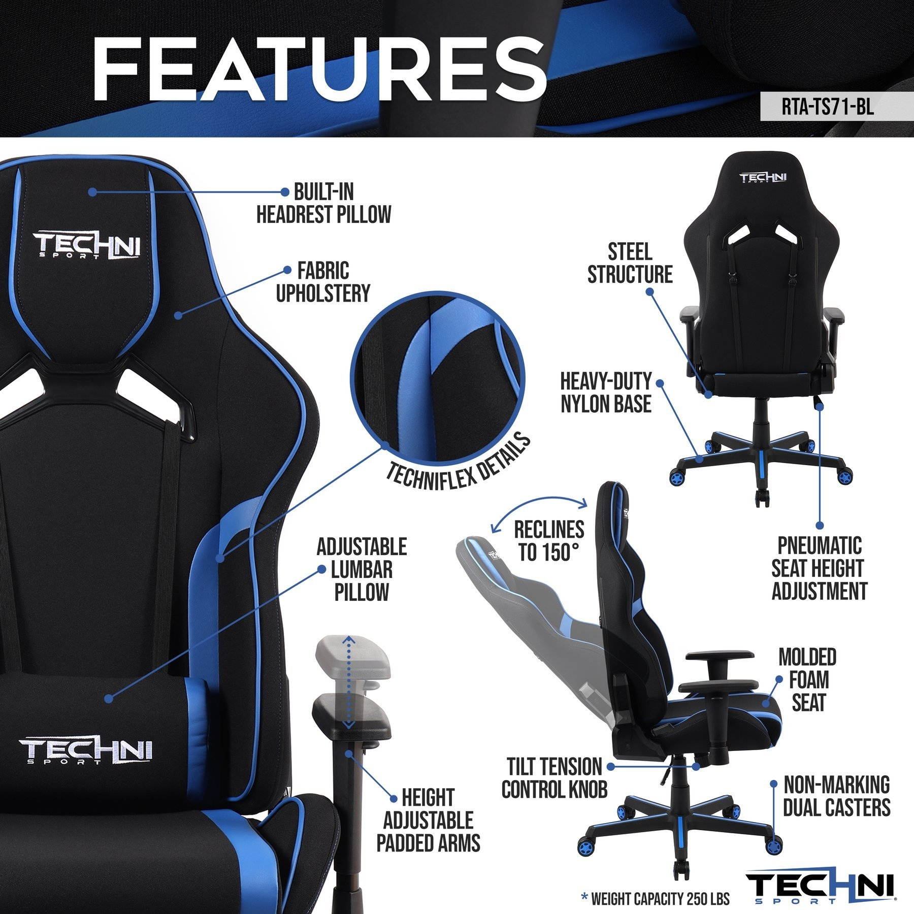 TechniSport TSF-71 Fabric Office-PC Gaming Chair, Blue