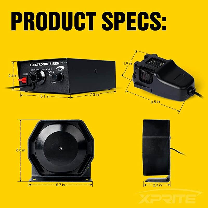 12V 100W Slim Warning Speaker 7 Tone Police Siren PA System Set wHandheld Microphone for Emergency Vehicles