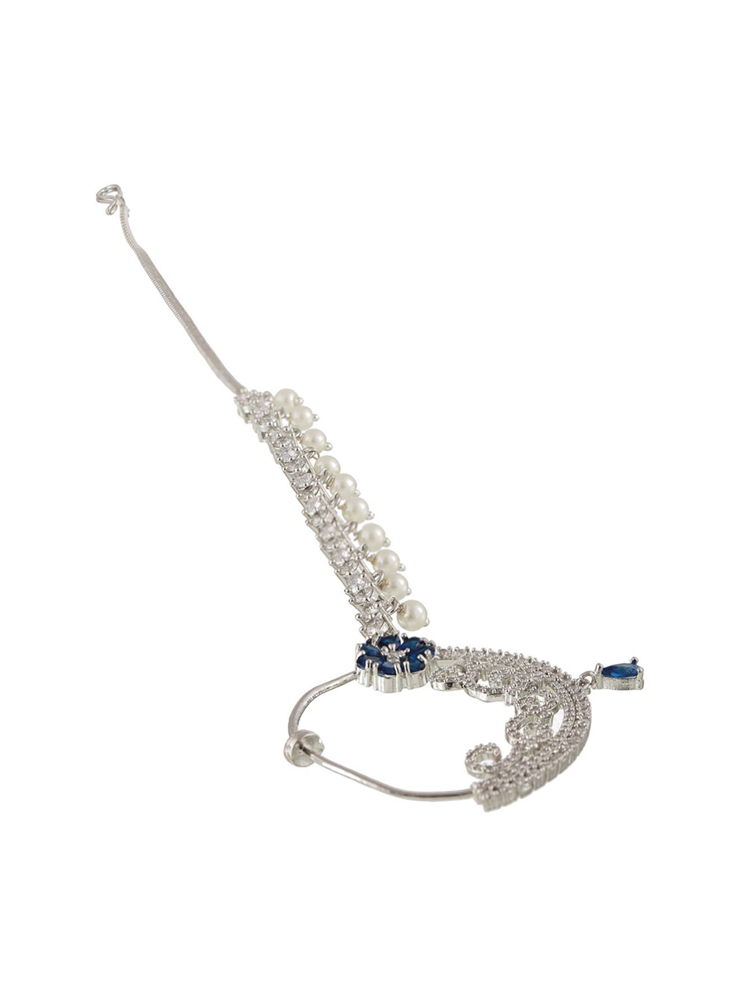 Aatmana Floral American Diamond Handcrafted Blue Nose Ring with Pearl Drop Chain for Women