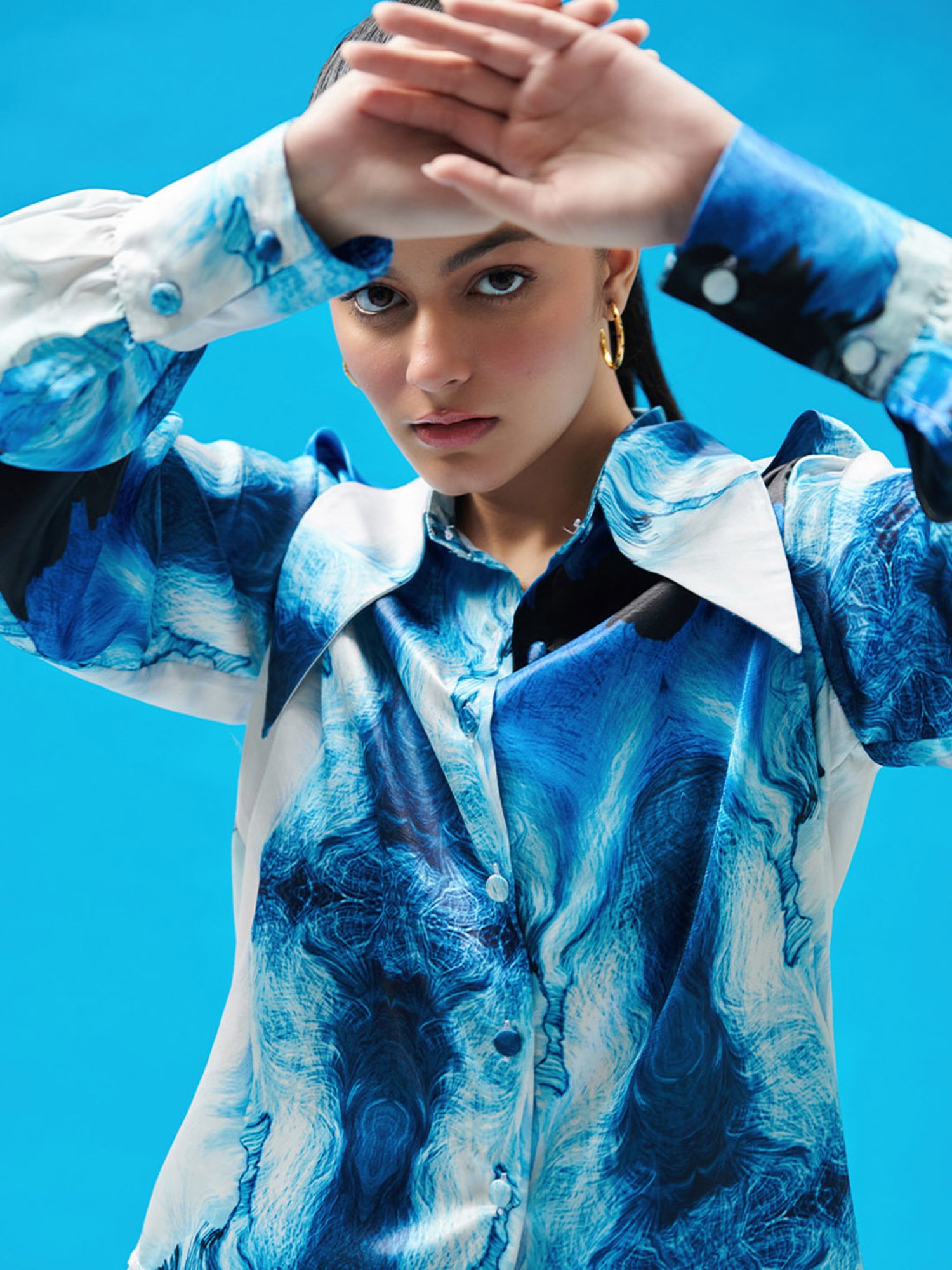 Cin Cin Blue Wave Printed Satin Shirt