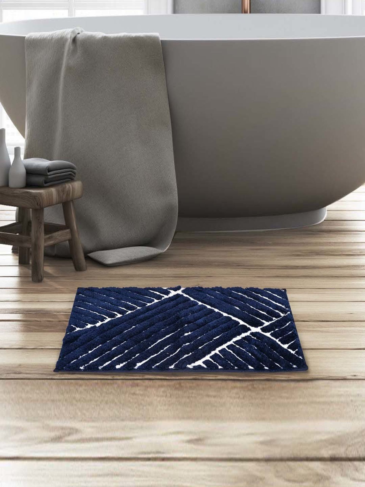 @home Dark Navy Polyester 800 GSM Anti Skid Bath Mat