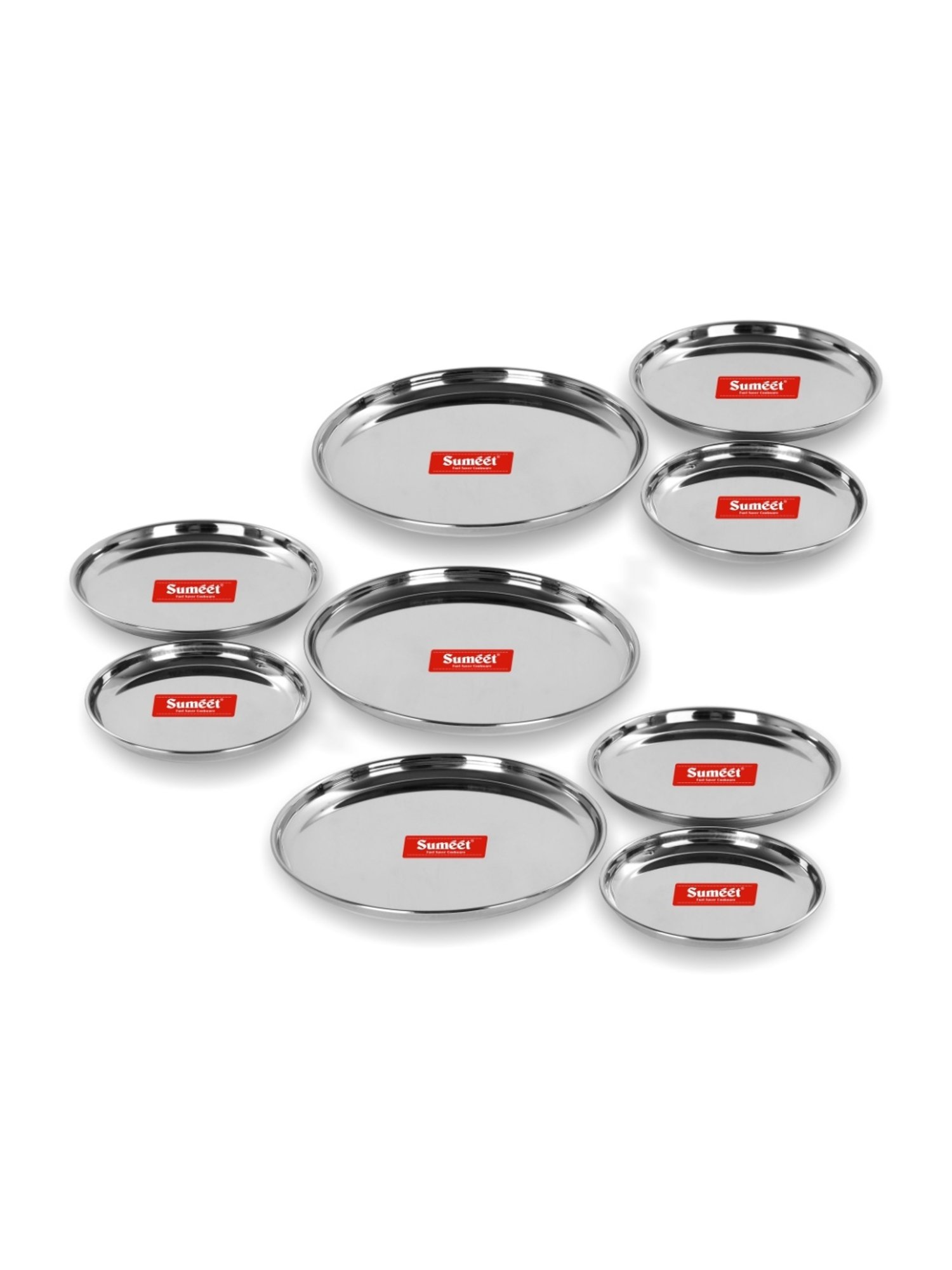 Sumeet S.S. Heavy Gauge Multi Purpose Plates with Mirror Finish Set of 9pc ( Dia-17cm, 22cm,27.5cm)