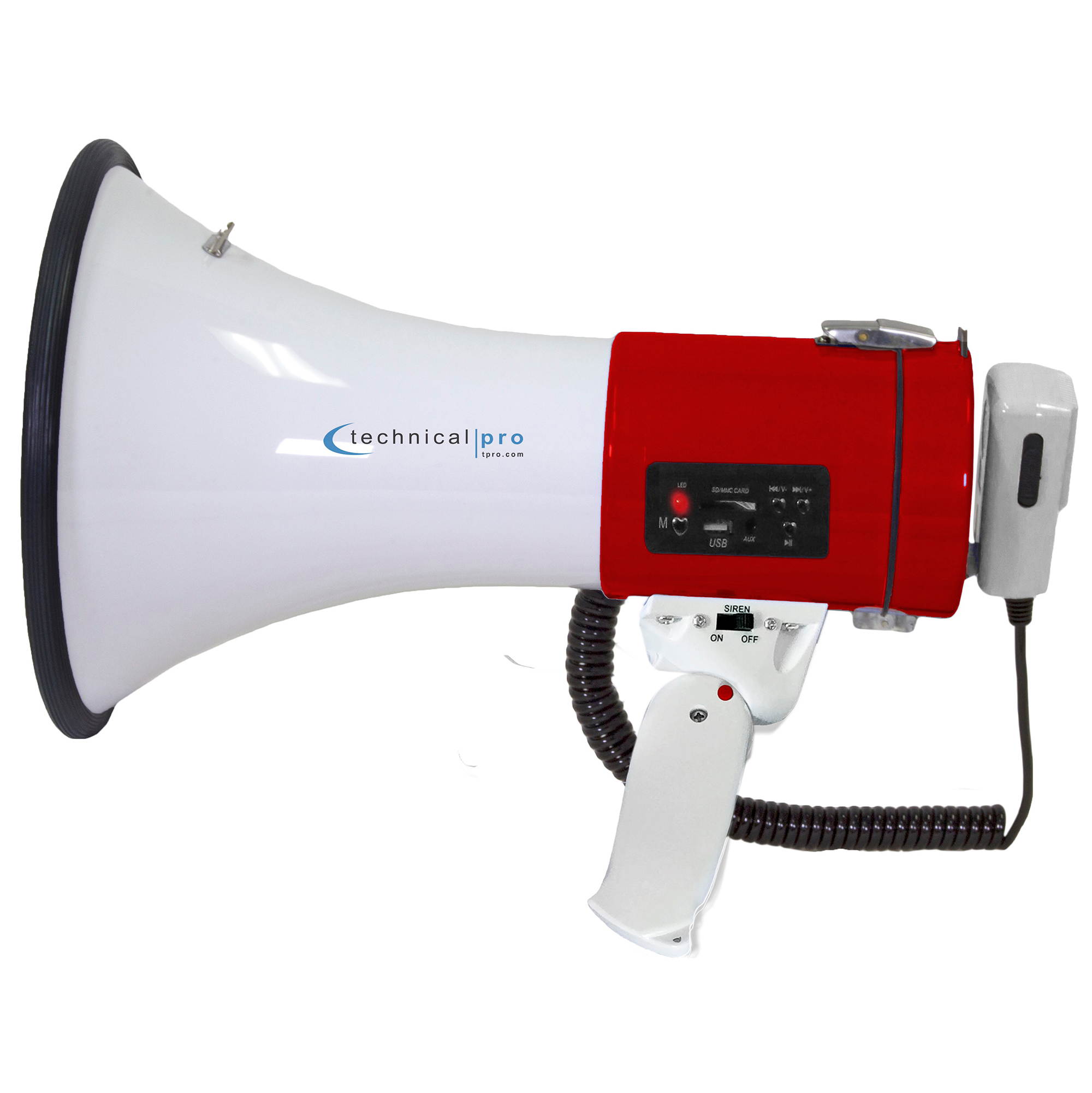 Technical Pro Portable 50-Watt Megaphone Bullhorn Speaker w/ Siren & Detachable Microphone - Rechargeable Megaphone Battery w/ a Built-In AC Wall Charger, Good for Trainers, Coaches, Cheer Leaders