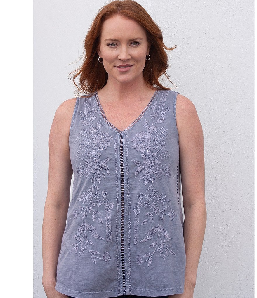 Karyn Seo Lilo Tonal Vintage Embroidered V-Neck Lace Detailing Cotton Tank