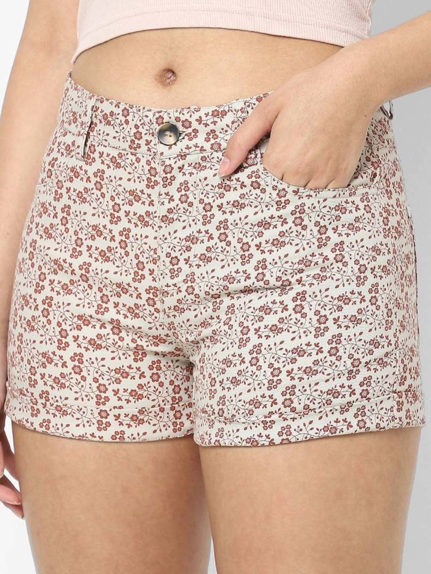 VASTRADO Beige Cotton Floral Print Shorts