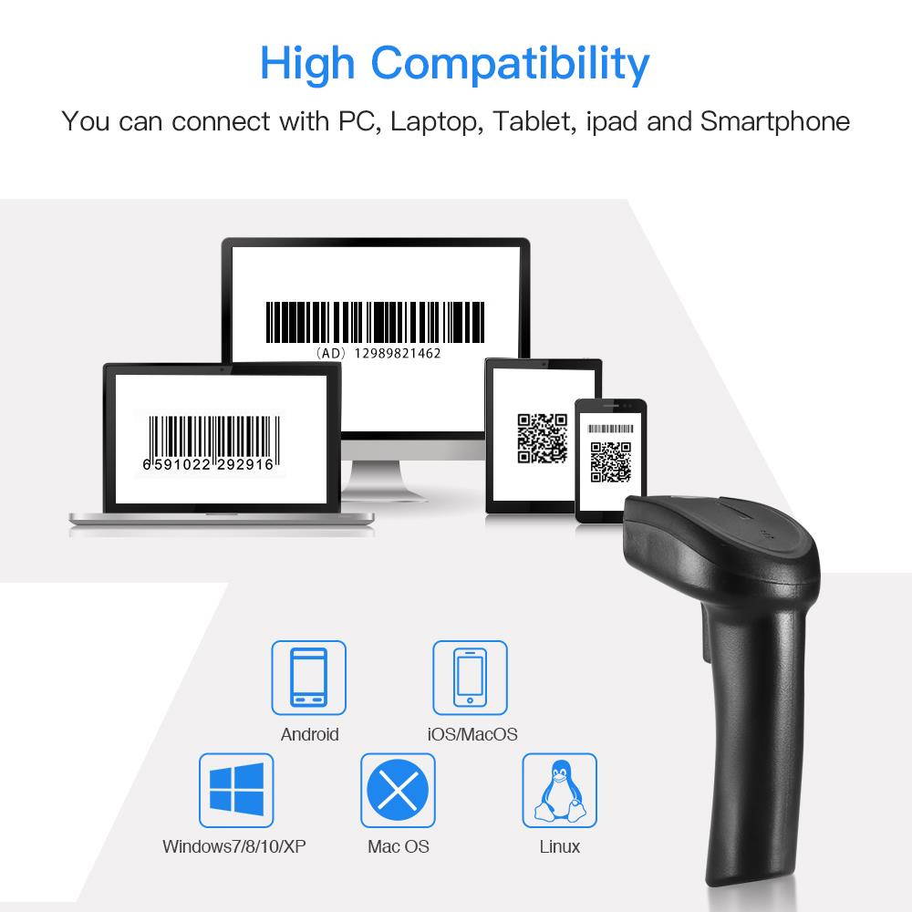 1D 2D QR Bluetooth Handheld Barcode Scanner, 3-in-1 Bluetooth & 2.4G Dongle Wireless & Wired Connection, CCD PDF417 Data Matrix Bar Code Reader for iPad, iPhone, Android Phones, Tablets Computer