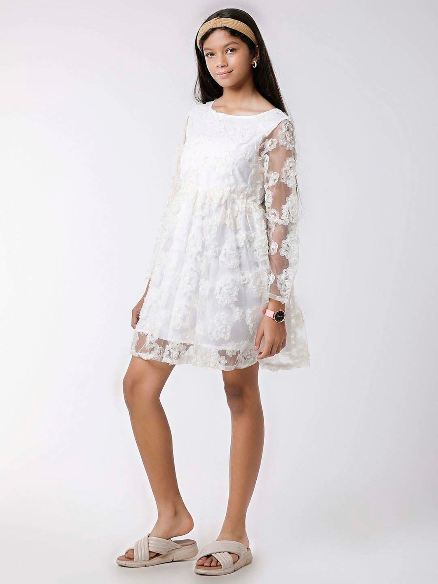 Kate & Oscar Kids Off-White Regular Fit Full Sleeves Dress