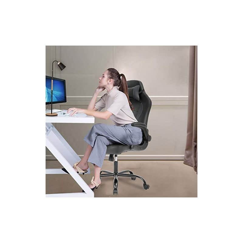 Office High-Back PU Leather Racing Reclining Computer Executive Desk Lumbar Support Adjustable Arms Rolling Swivel Chair for Women, Men, Grey