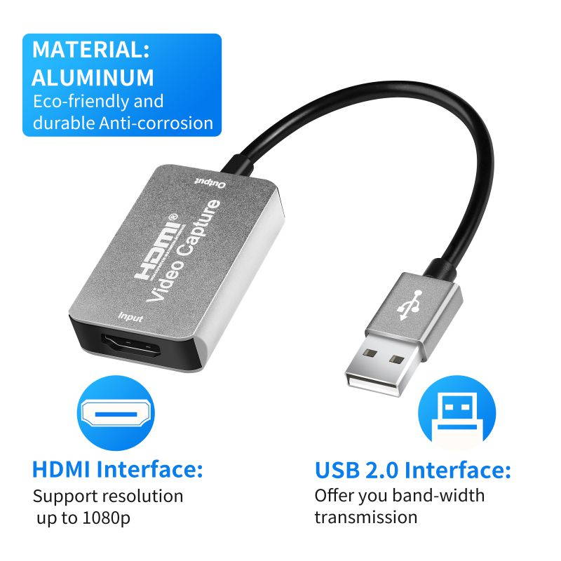 Audio Video Capture Card HDMI to USB, Full HD 1080p 30fps USB 2.0 - Record Directly to Computer for Gaming, Streaming, Teaching, Video Conference or Live Broadcasting