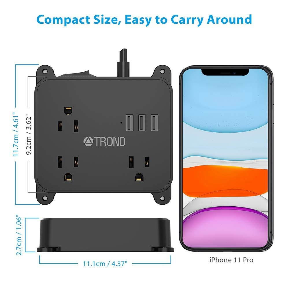 TROND Power Strip with 3 Widely Spaced Outlets and 3 USB Ports, 10 Ft Long Extension Cord , Flat Plug, Wall Mountable, Compact Desktop Charging Station for Dorm Room Home Office, Black