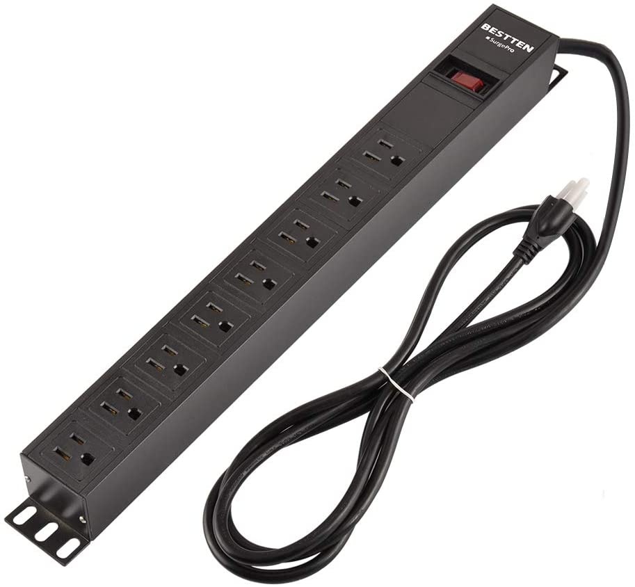 BESTTEN 1U PDU, 8-Outlet Metal Power Strip with 9ft Extension Cord and Surge Protector (900 Joules), 15A/125V/1875W, 19-inch Server Rack Mount Power Distribution Unit, ETL Listed