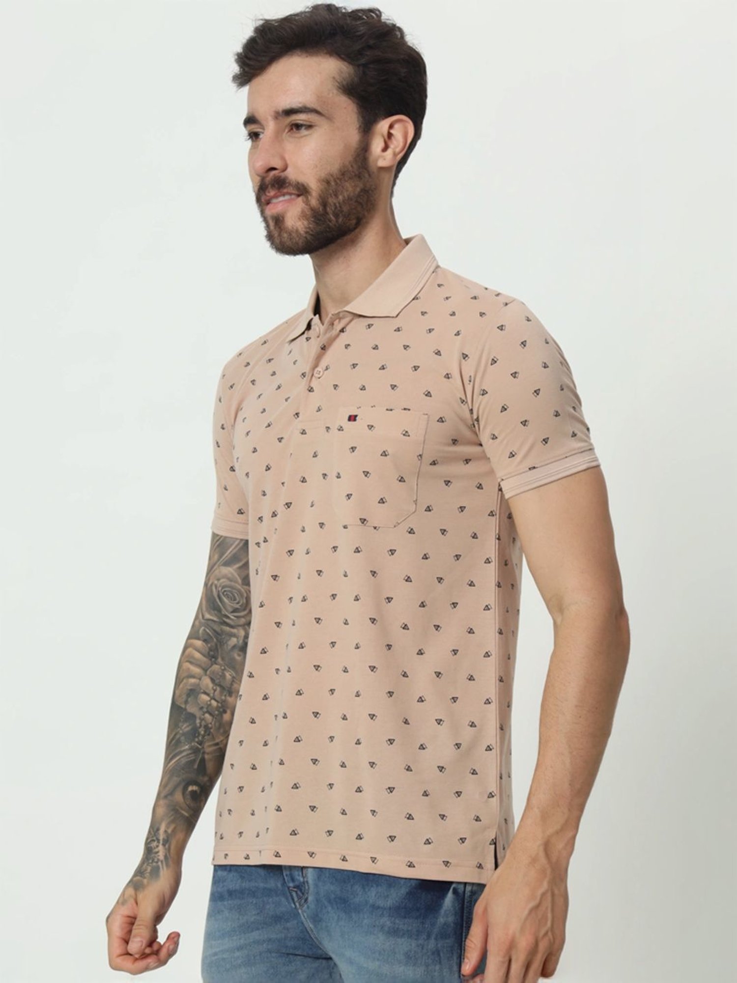 Tab91 Beige Regular Fit Printed Polo T-Shirts