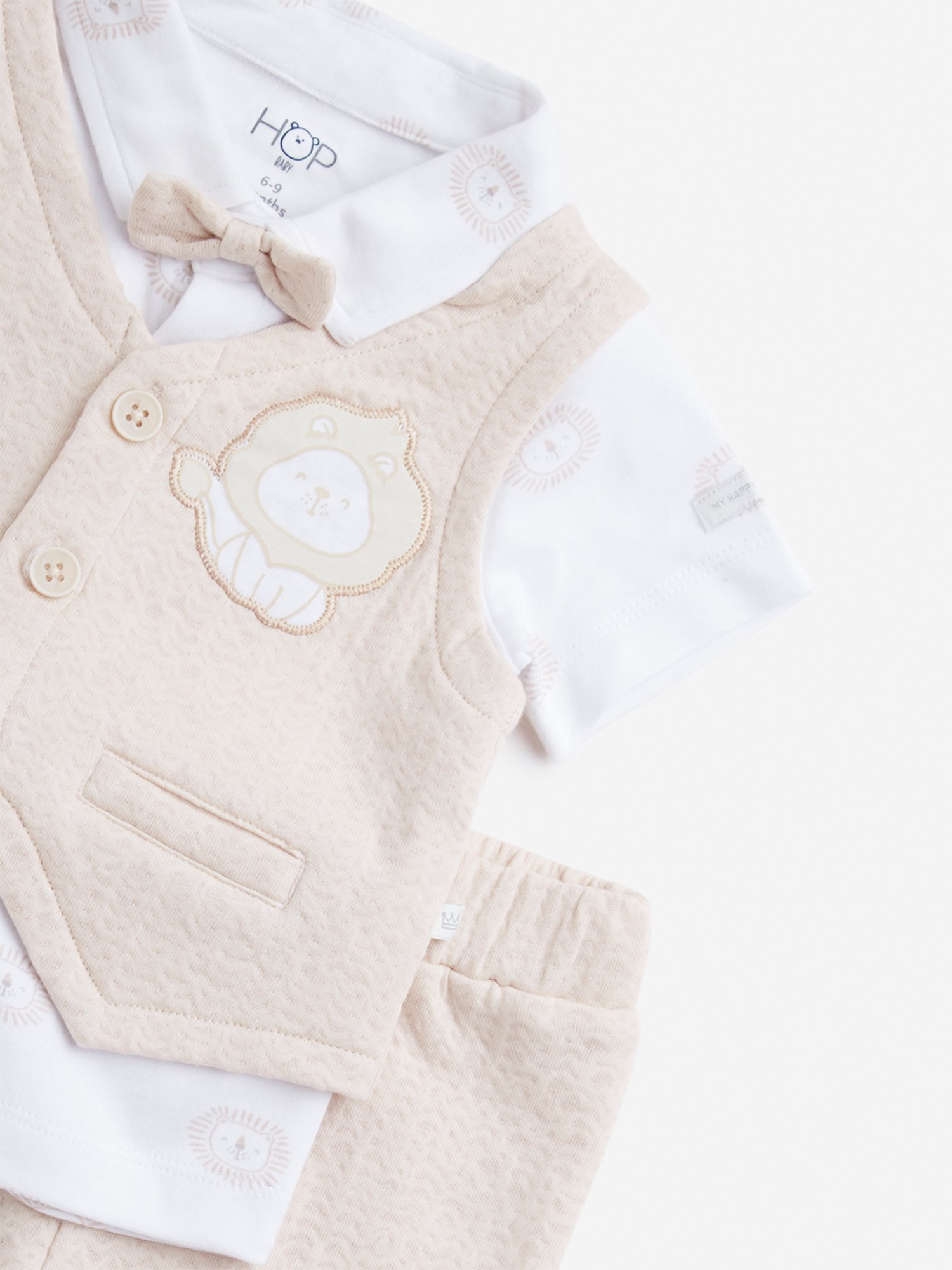HOP Baby by Westside Beige Cotton Waistcoat, Shirt, Trousers & Bow Set