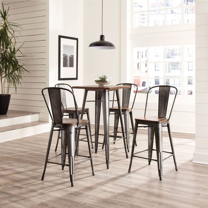 Set of 4 26" Industrial Modern High Back Galvanized Steel Counter Height Barstool with Solid Ash Wood Seats Gunmetal/Walnut - OFM