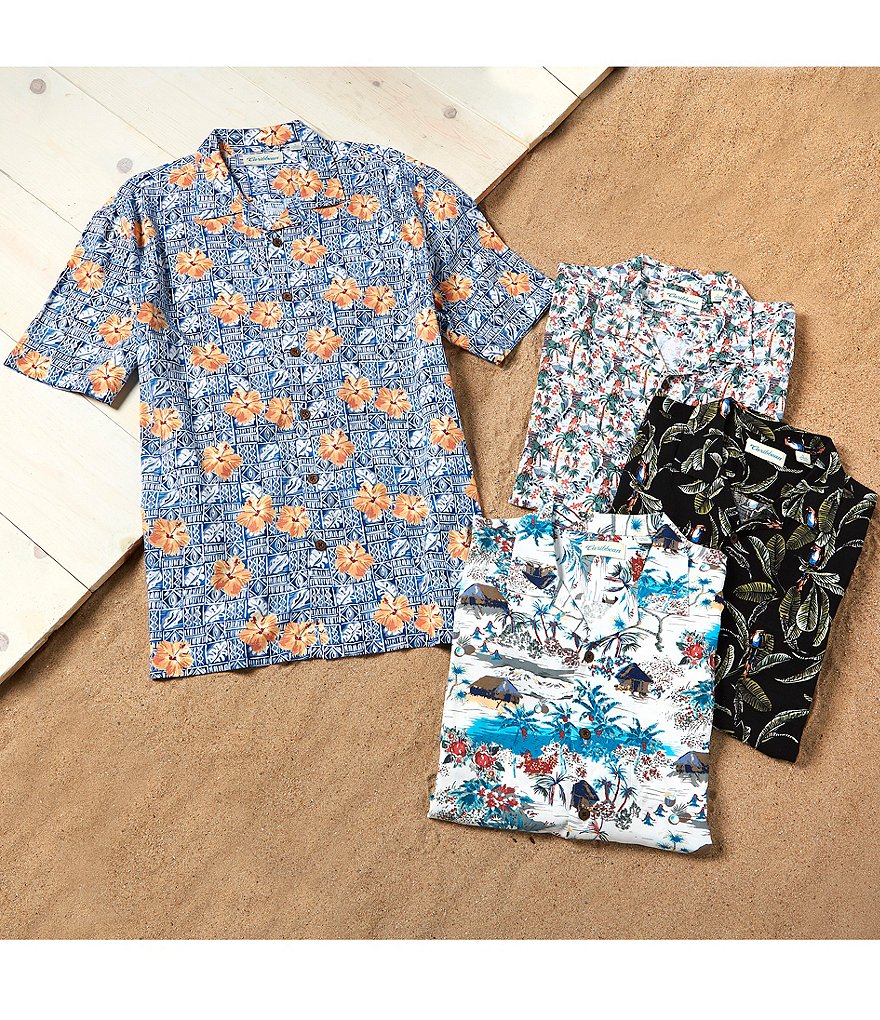 Caribbean Batik Print Blue Short-Sleeve Woven Camp Shirt