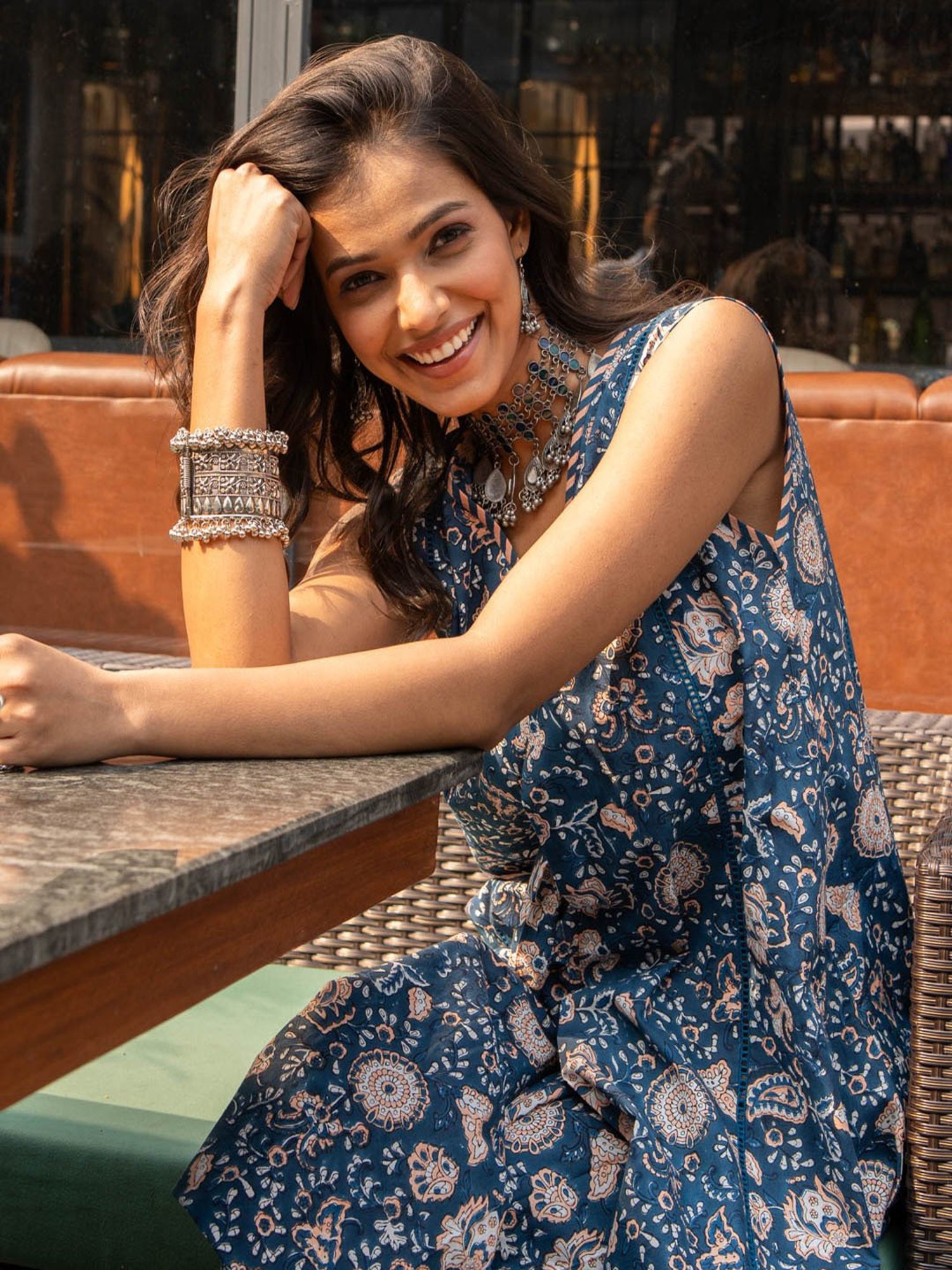 Akiso Blue Block Printed Flared Front Pleated Kurta Set (Set Of 2)