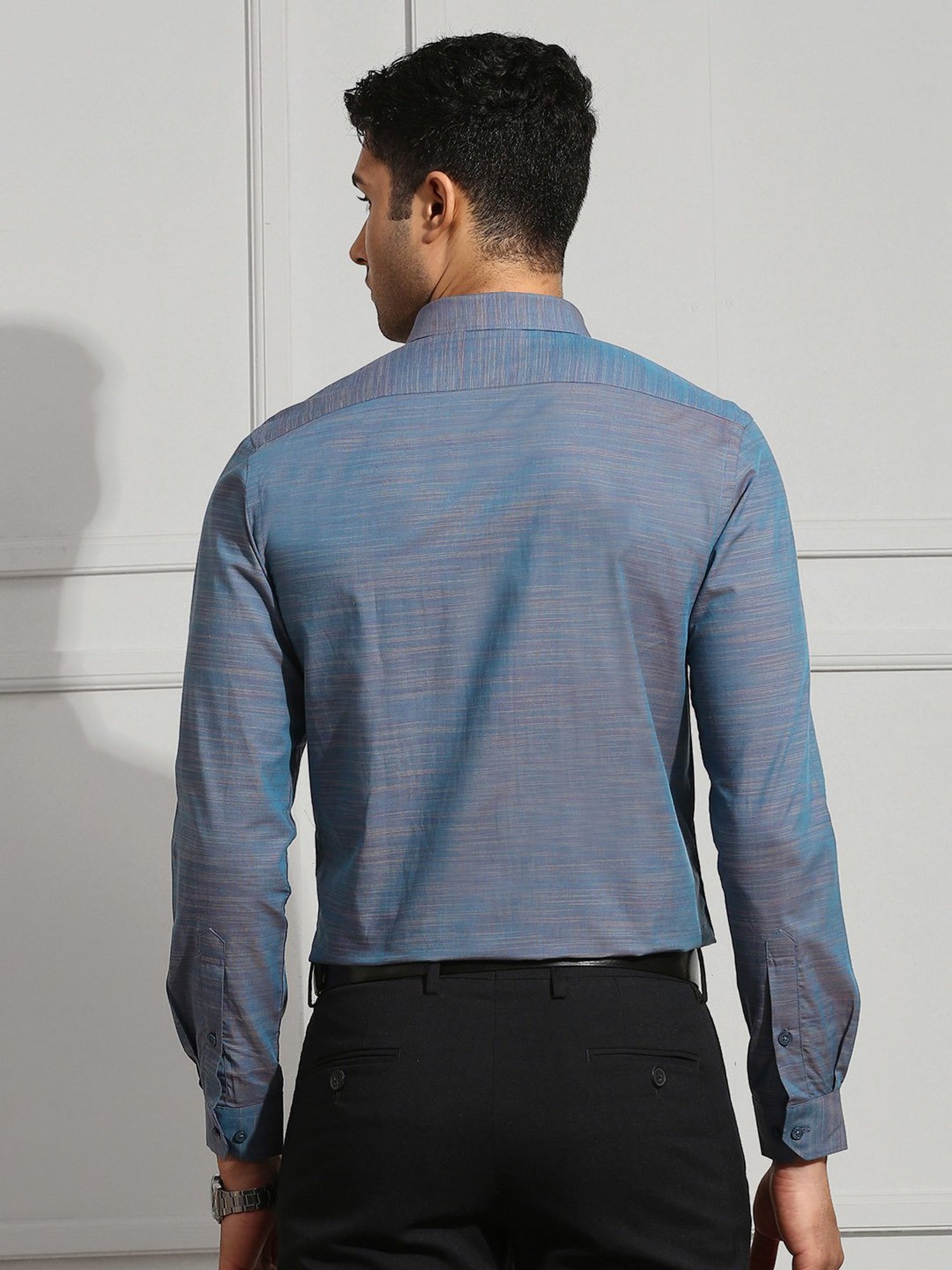 Ramraj Dark Blue Regular Fit Textured Cotton Shirt