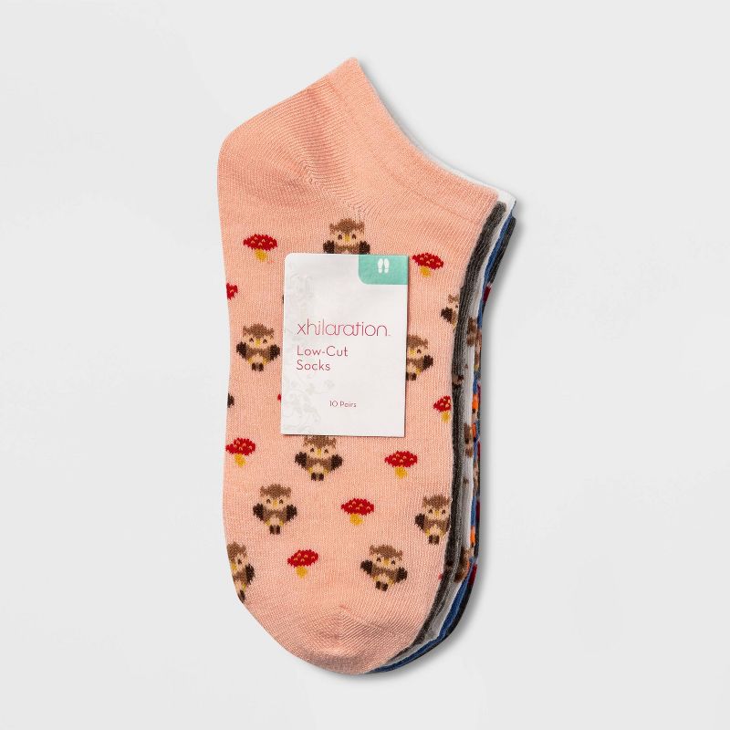 Women's Forest Critters 10pk Low Cut Socks - Xhilaration™ Blue/Pink/Gray 4-10