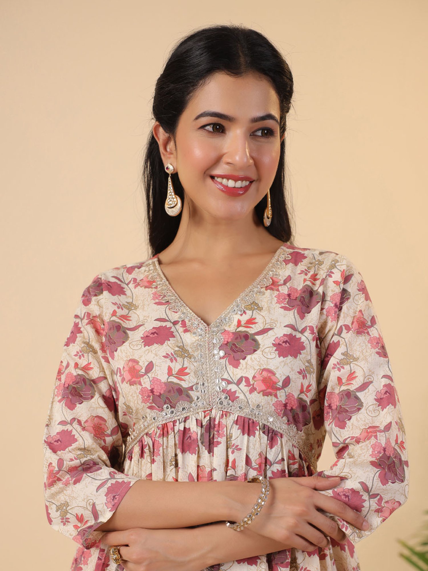 Janasya Beige Cotton Kurta With Pants