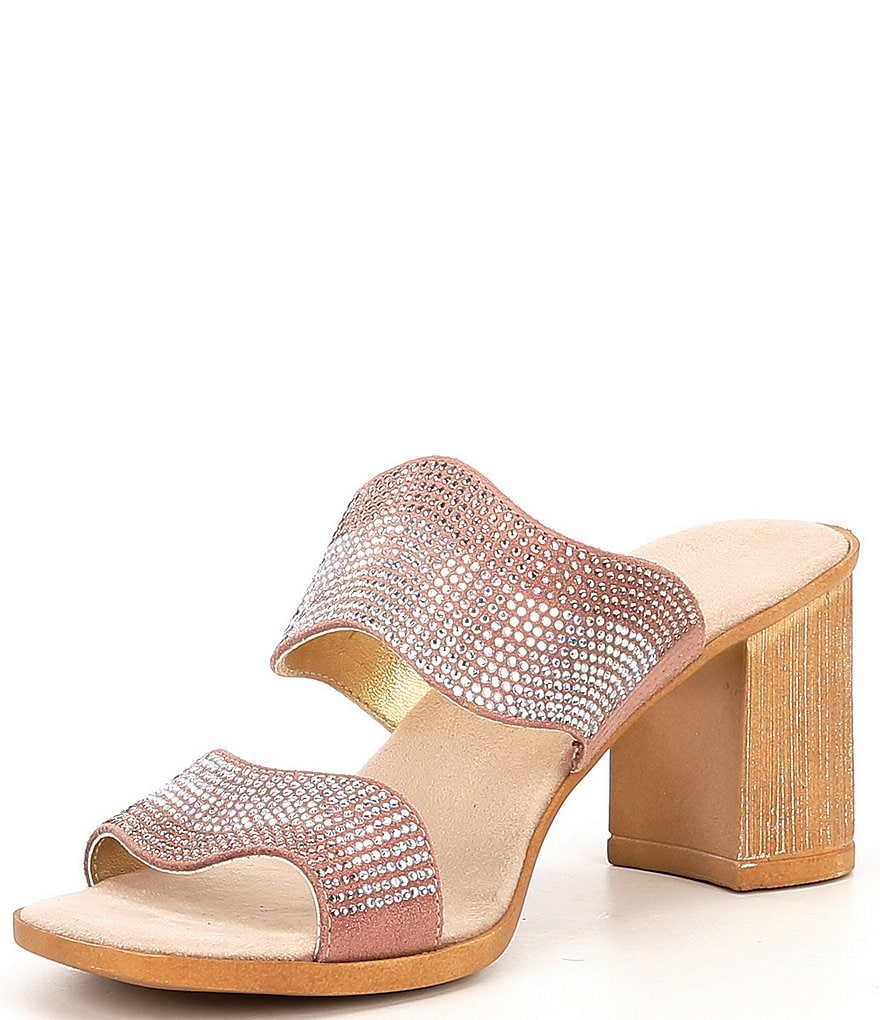 Onex Perla Rhinestone Embellished Leather Block Heel Slide Sandals