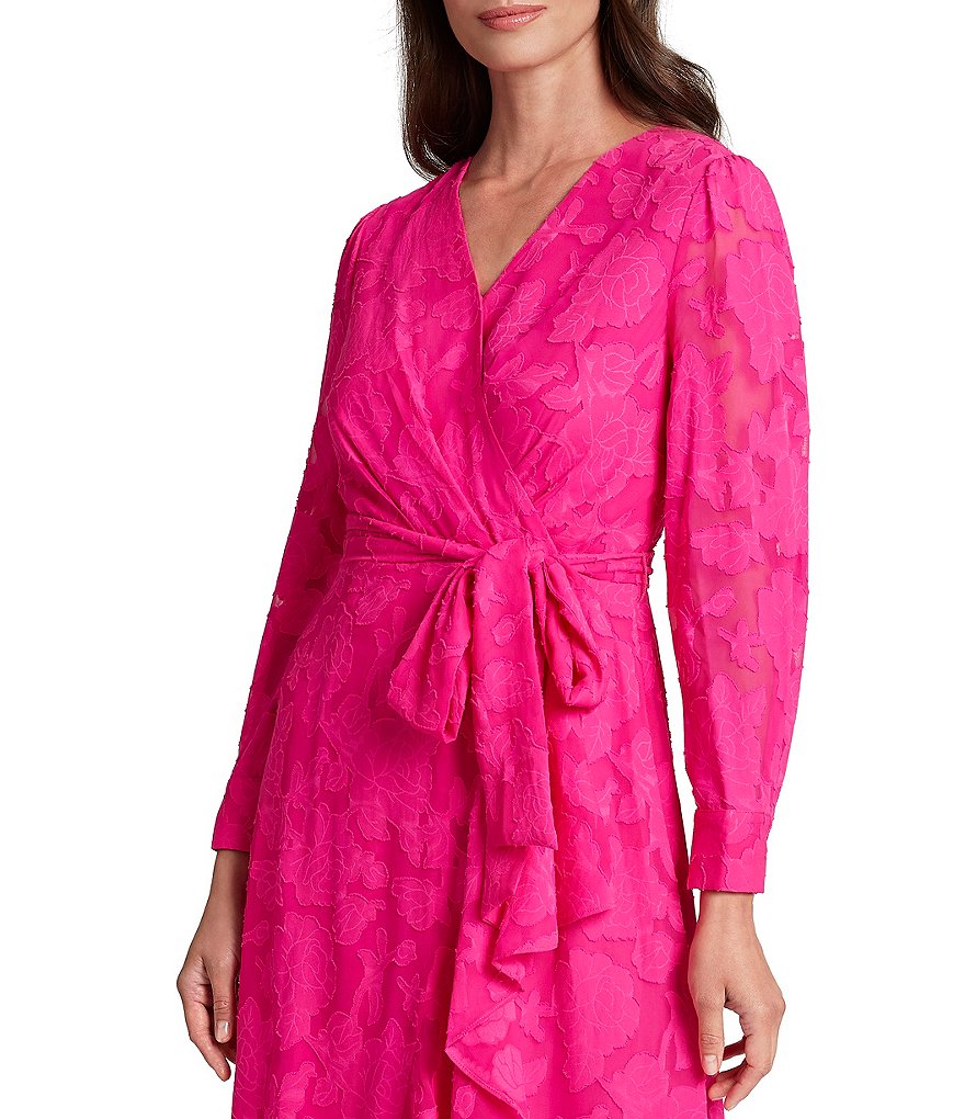 Tahari ASL Floral Burnout Faux Wrap Long Sleeve Ruffle Front Midi Dress