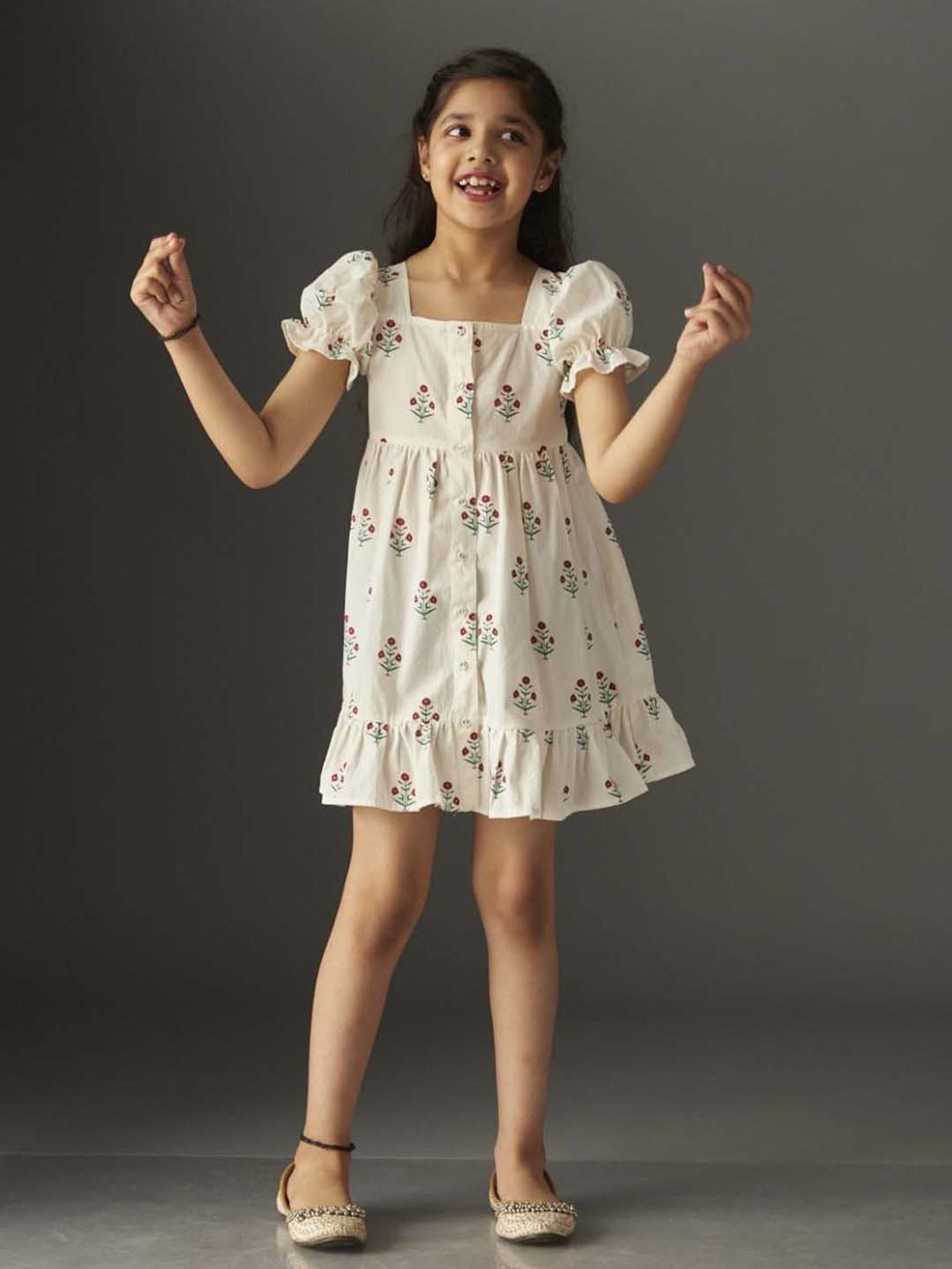 KidsDew Kids White Cotton Floral Print Dress