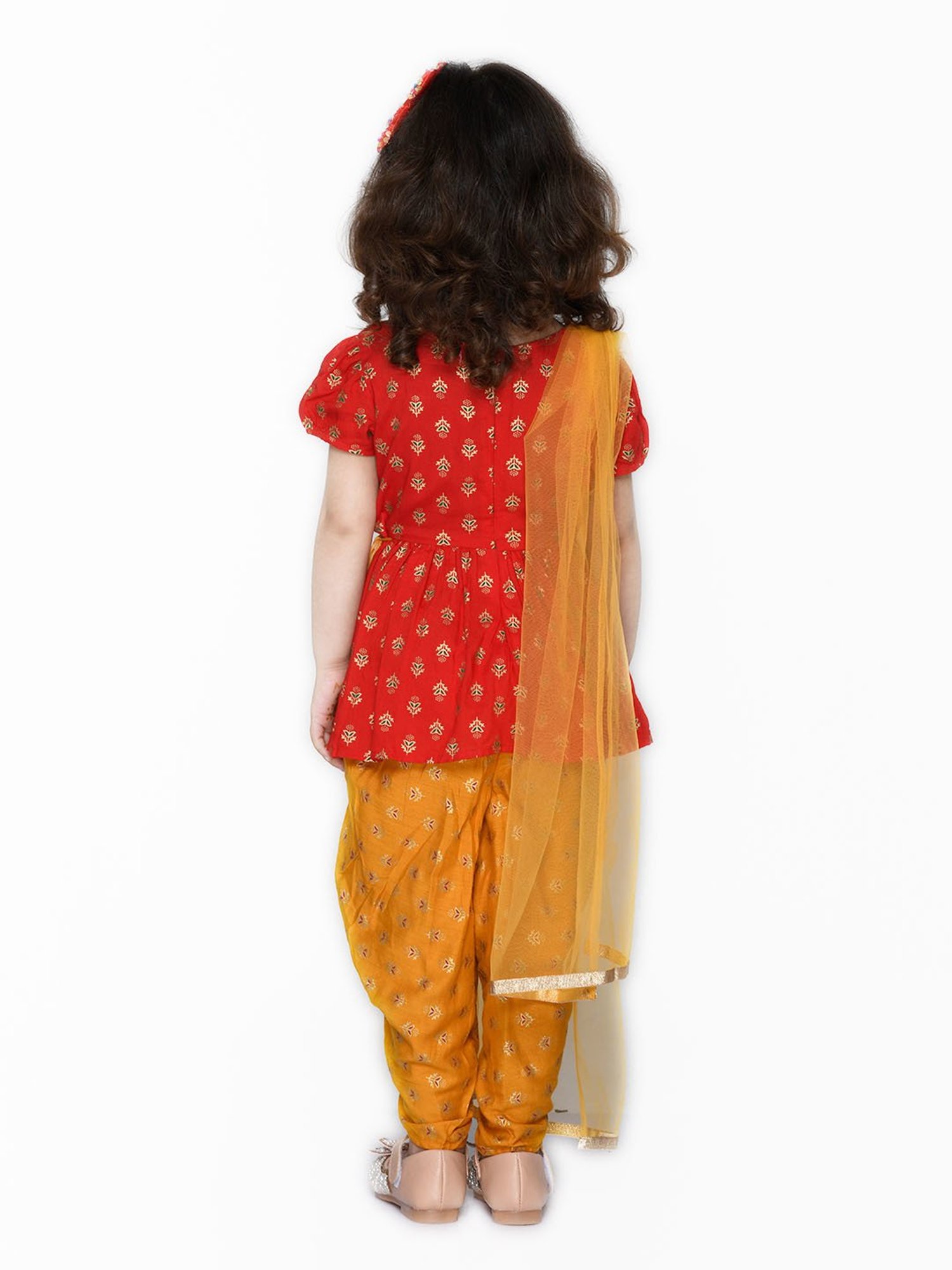 Saka Designs Kids Red & Mustard Printed Jhabla with Dhoti & Dupatta