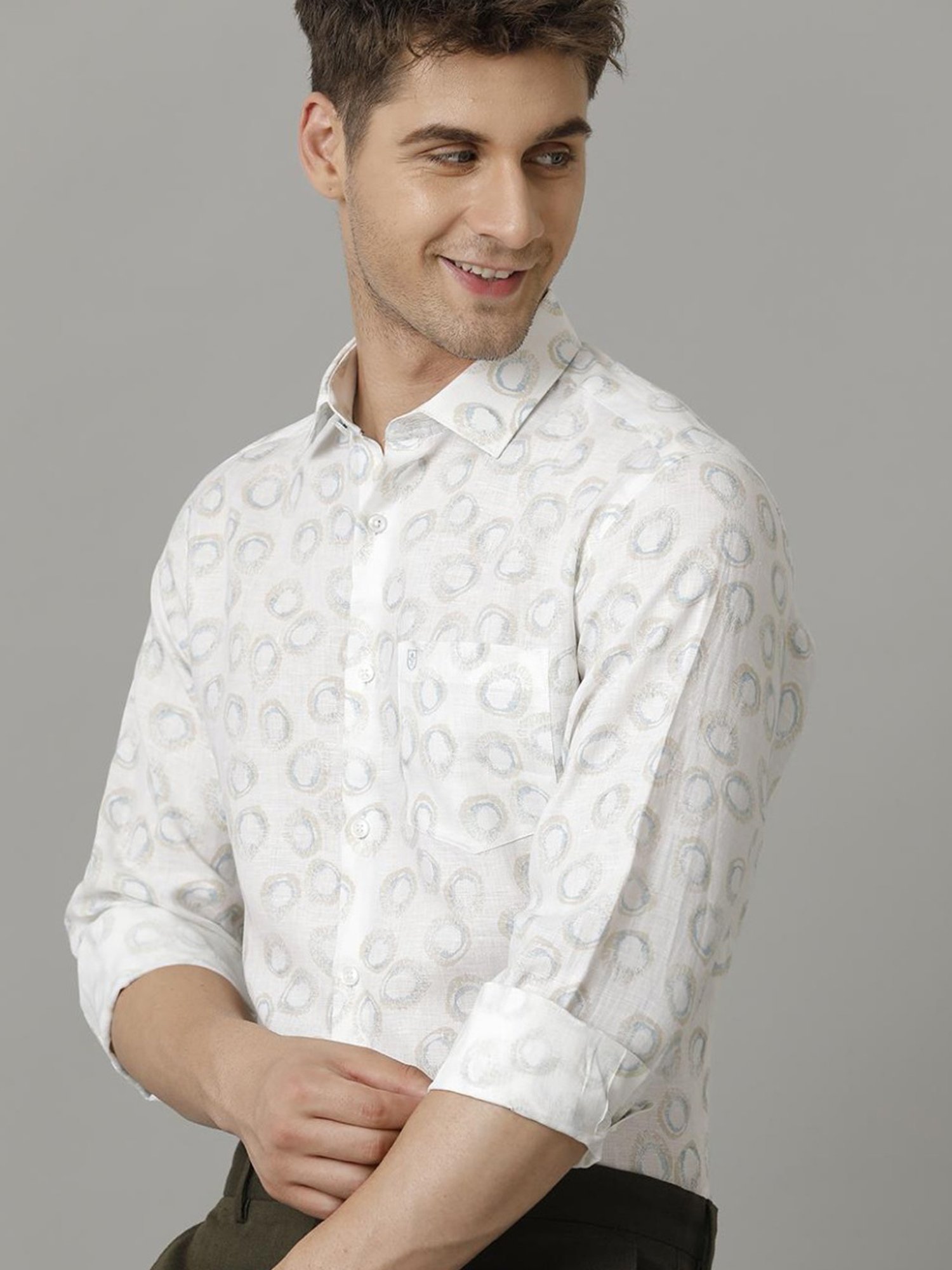 Linen Club Blue Linen Contemporary Fit Printed Shirt