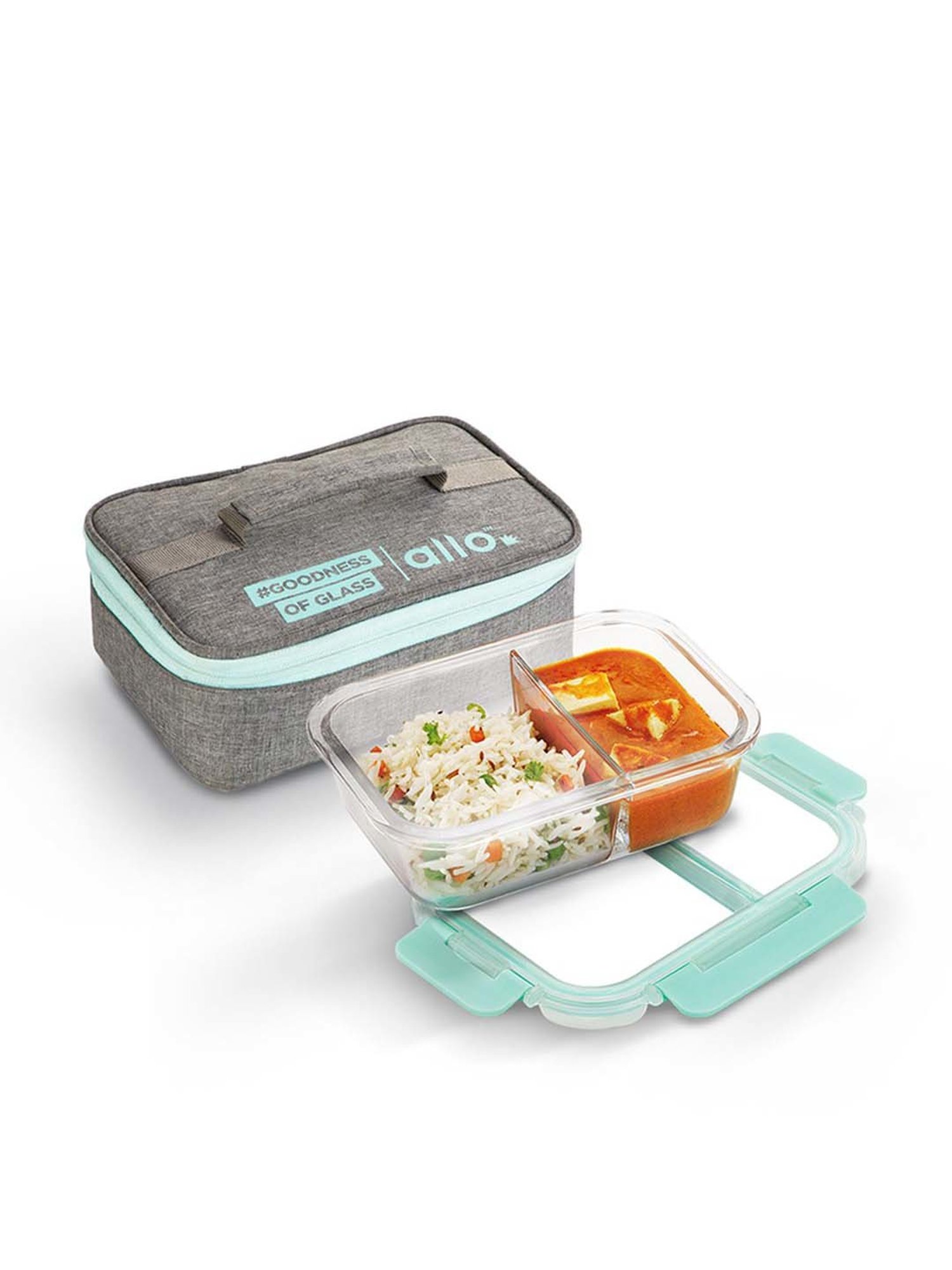 Allo Borosilicate Glass Lunch Box Microwave Safe With Detachable Lock and Canvas Grey Tiffin Bag