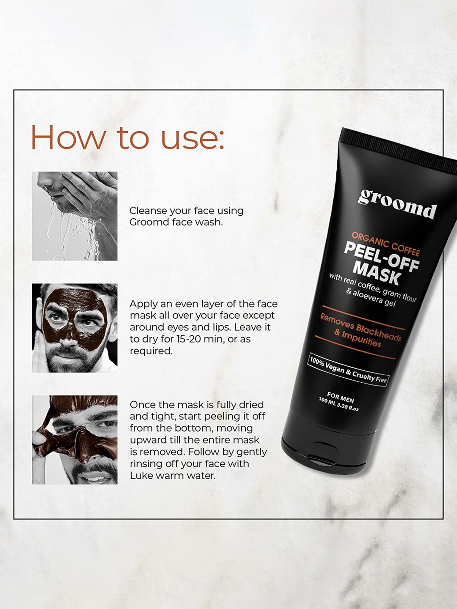 Groomd Coffee Peel-Off Mask with Real Coffee, Gram Flour & Aloe Vera - Removes Blackheads (100 ml)