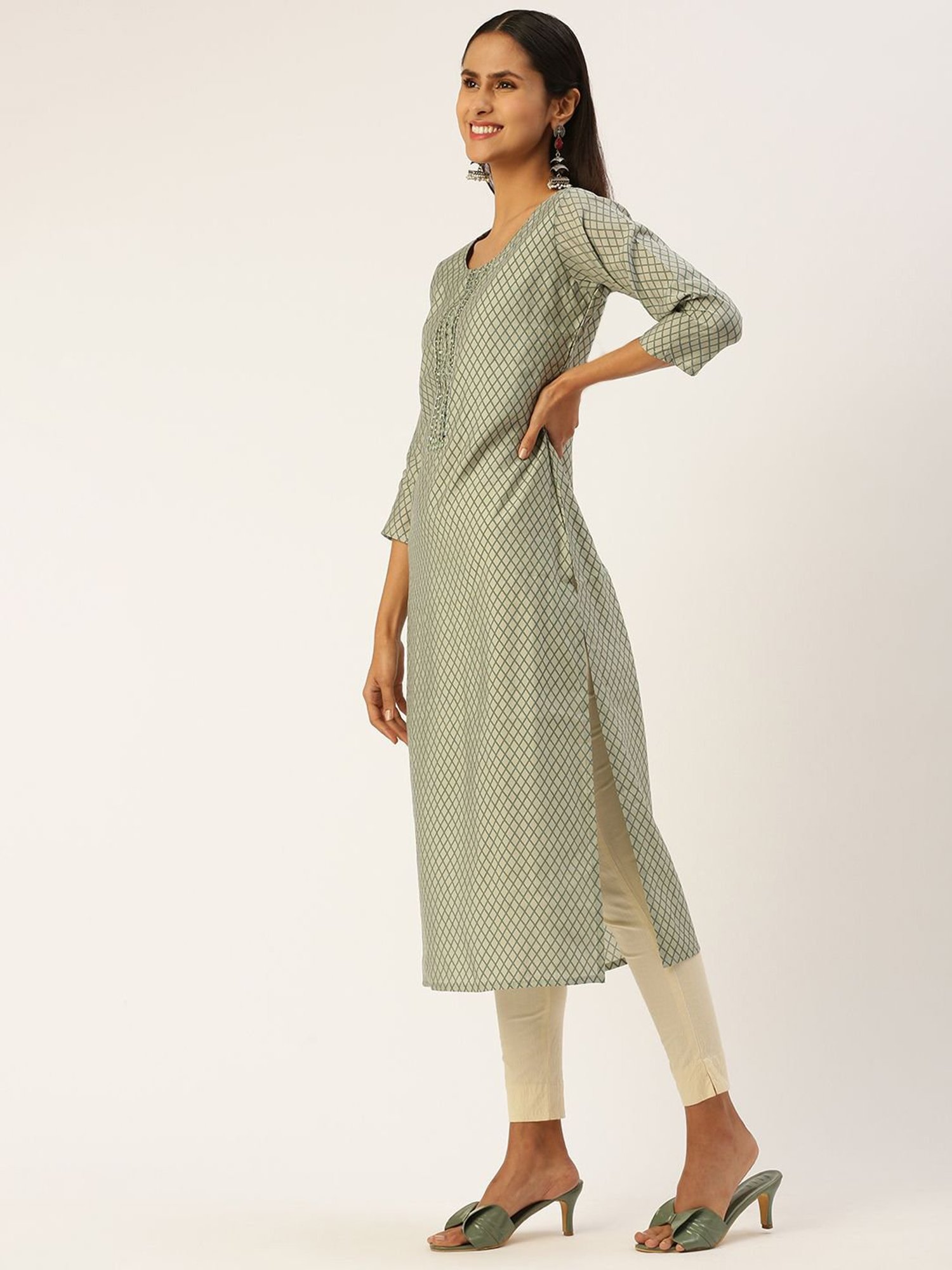 SHANVIKA Light Green Geometric Print Cotton Silk Straight Kurta
