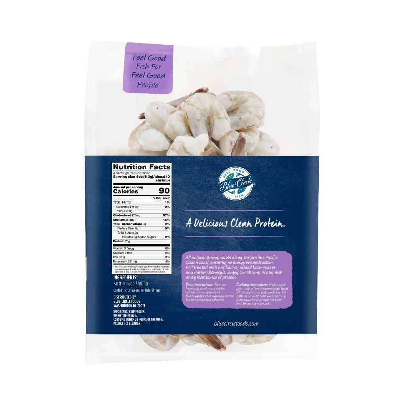 Blue Circle Peeled, Deveined, Tail-On Raw Shrimp - 26/30ct per pound - Frozen - 16oz
