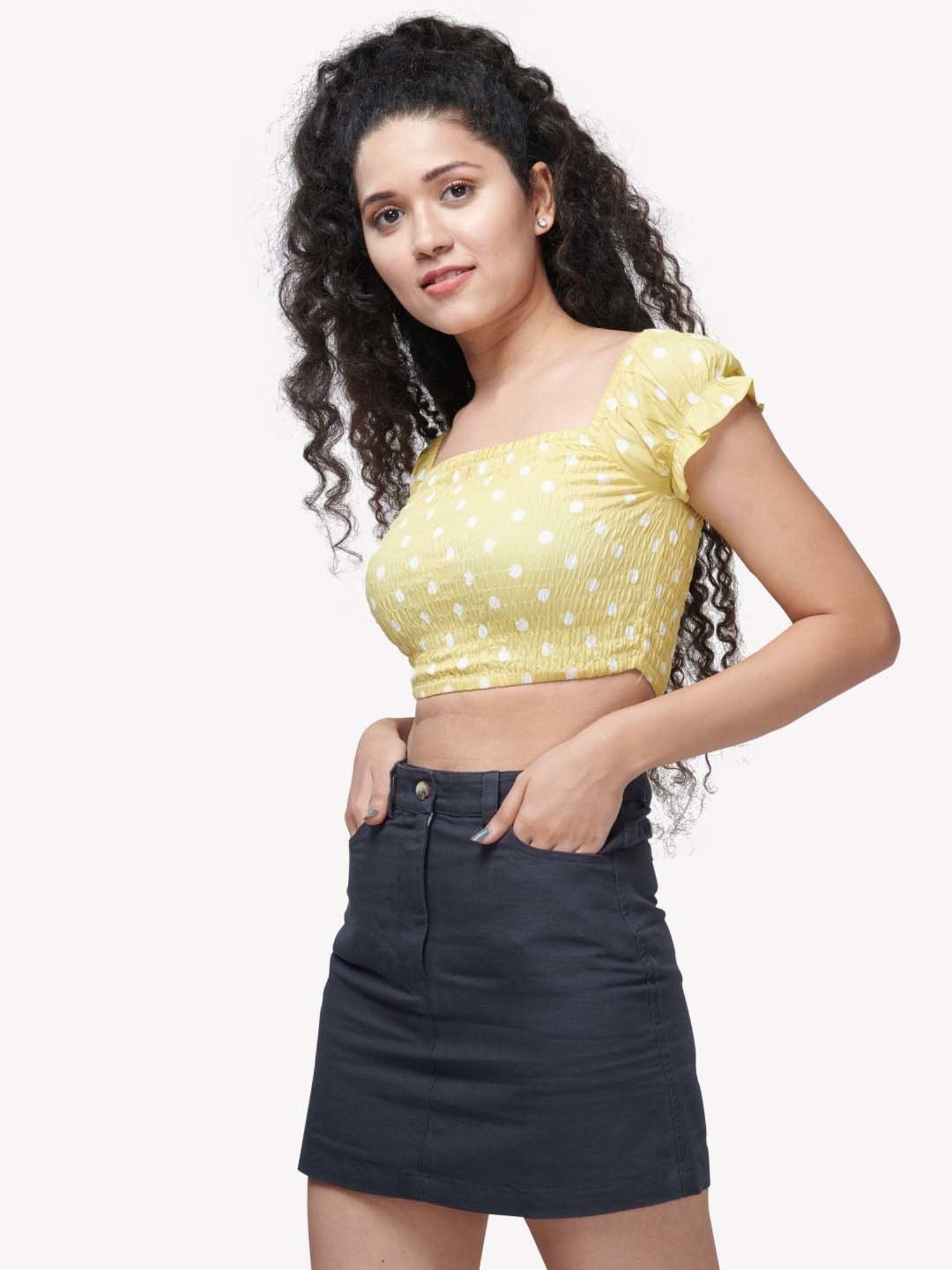 VASTRADO Yellow Polka Dots Crop Top