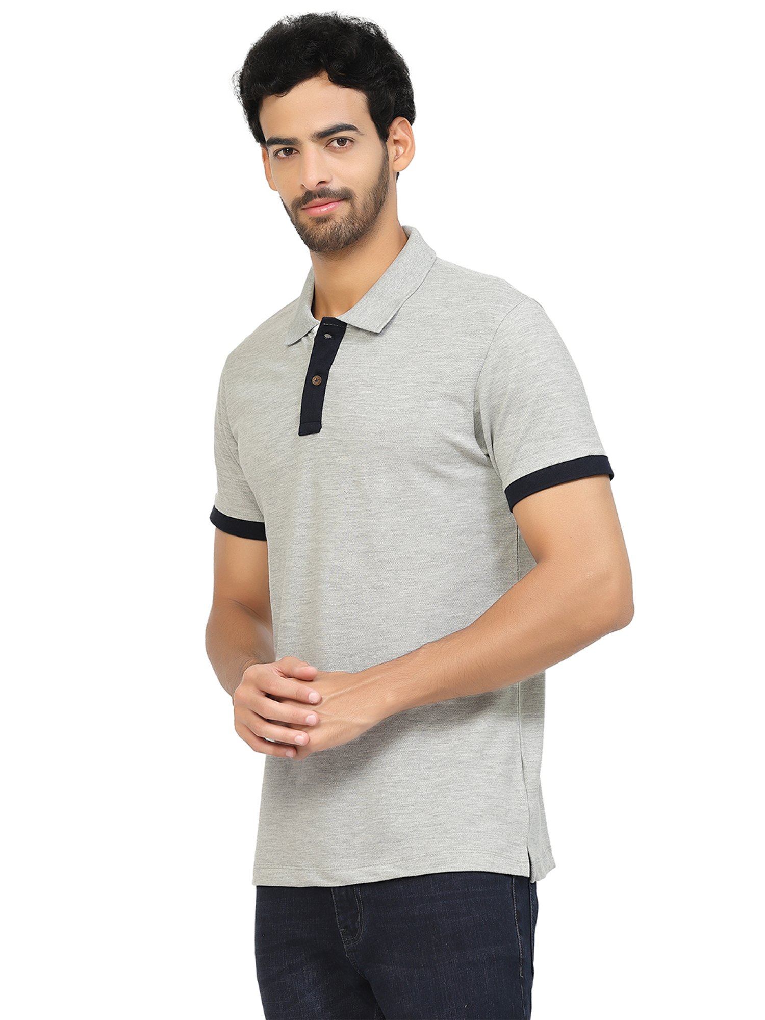 Kalt Light Grey Melange Regular Fit Polo T-Shirt