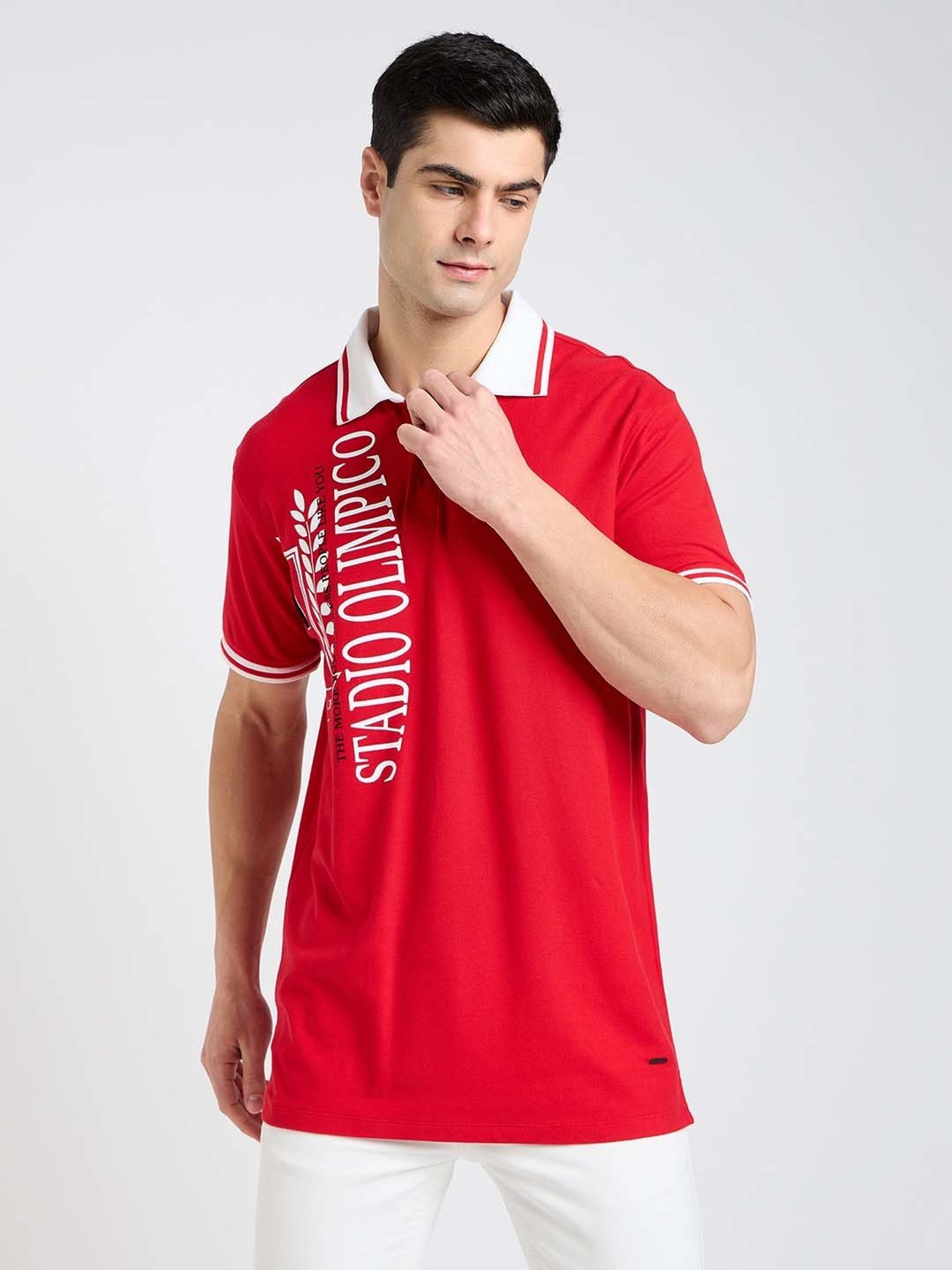 EDRIO Red Regular Fit Printed Polo T-Shirt