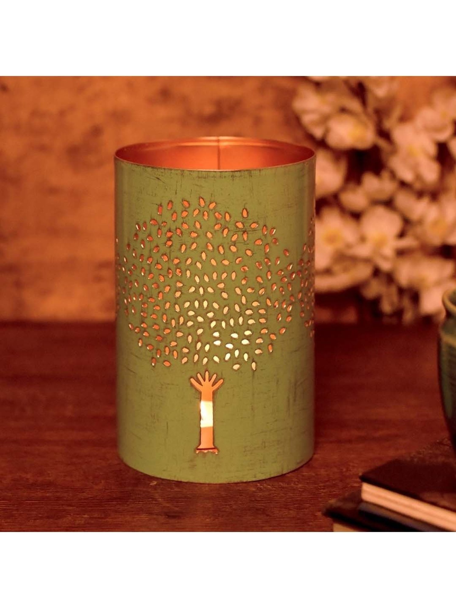 Unravel India Pastel Blue Metal Tree of Life Tea Light Holder - Set of 1