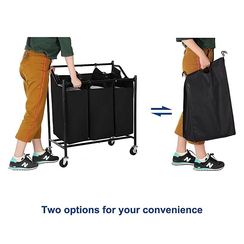 Laundry Cart Sorter on Wheels with 3 Removable Bags Black
