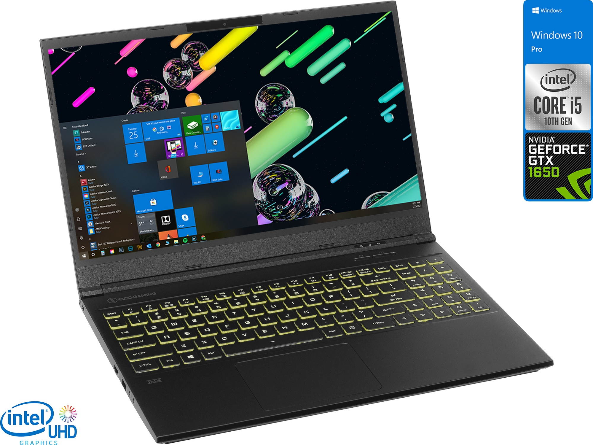 EVOO Gaming Laptop, 15.6" FHD Display, Intel Core i5-10300H Upto 4.5GHz, 64GB RAM, 512GB NVMe SSD, NVIDIA GeForce GTX 1650, HDMI, Mini DisplayPort, Card Reader, Wi-Fi, Bluetooth, Windows 10 Pro