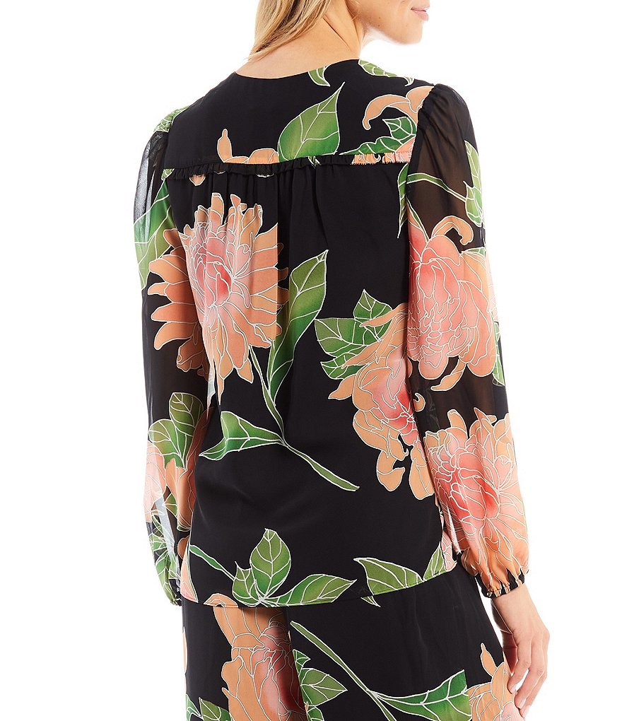 Trina Turk Watson Tassel Tie Detail V-Neck Floating Chrysanthemum Floral Print Long Sleeve Coordinating Top