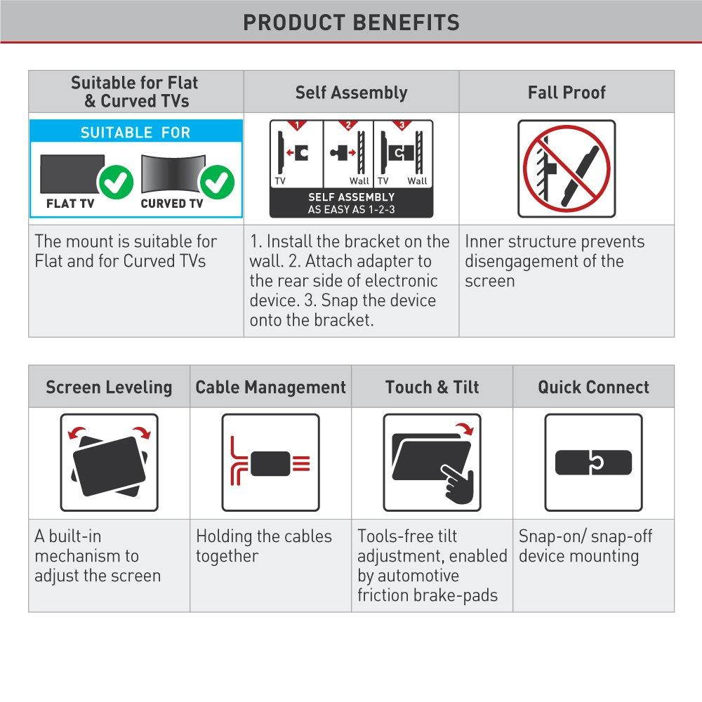 Barkan 3400.B 29-65 Full Motion 4 Movement, Flat/Curved TV Wall Mount, Dual-Arm, Up to 88 lbs, Black, Patented.