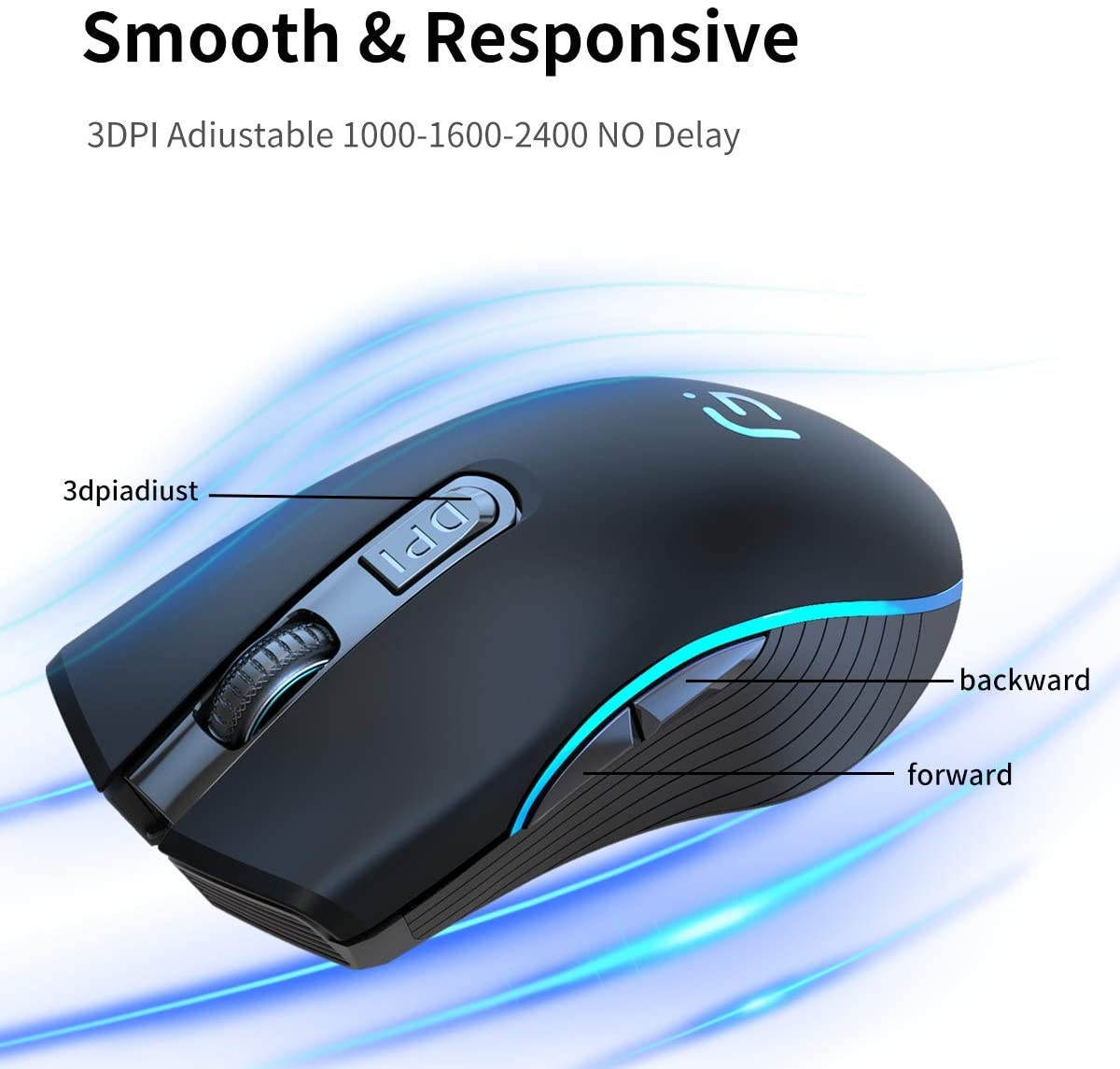 Silent Click Wireless Mouse for Laptop - Light up Rechargeable USB Cordless Mice for Computer, 3 DPI up to 2400, [Queit] Comfort & Smooth LED RGB Mouse for PC Tablet Chromebook Microsoft Windows Mac
