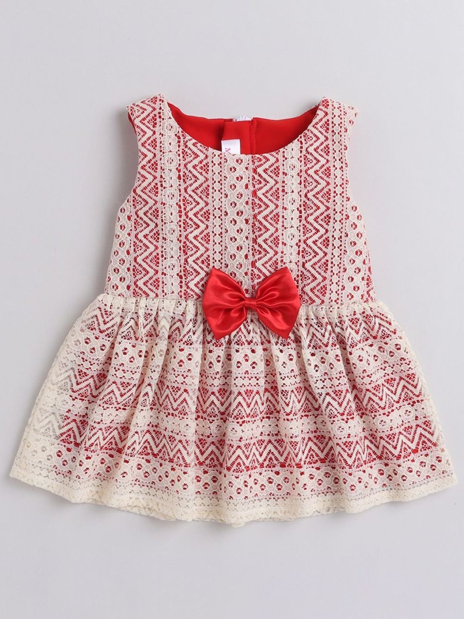 Many Frocks Kids Cream & Red Embroidered Dress