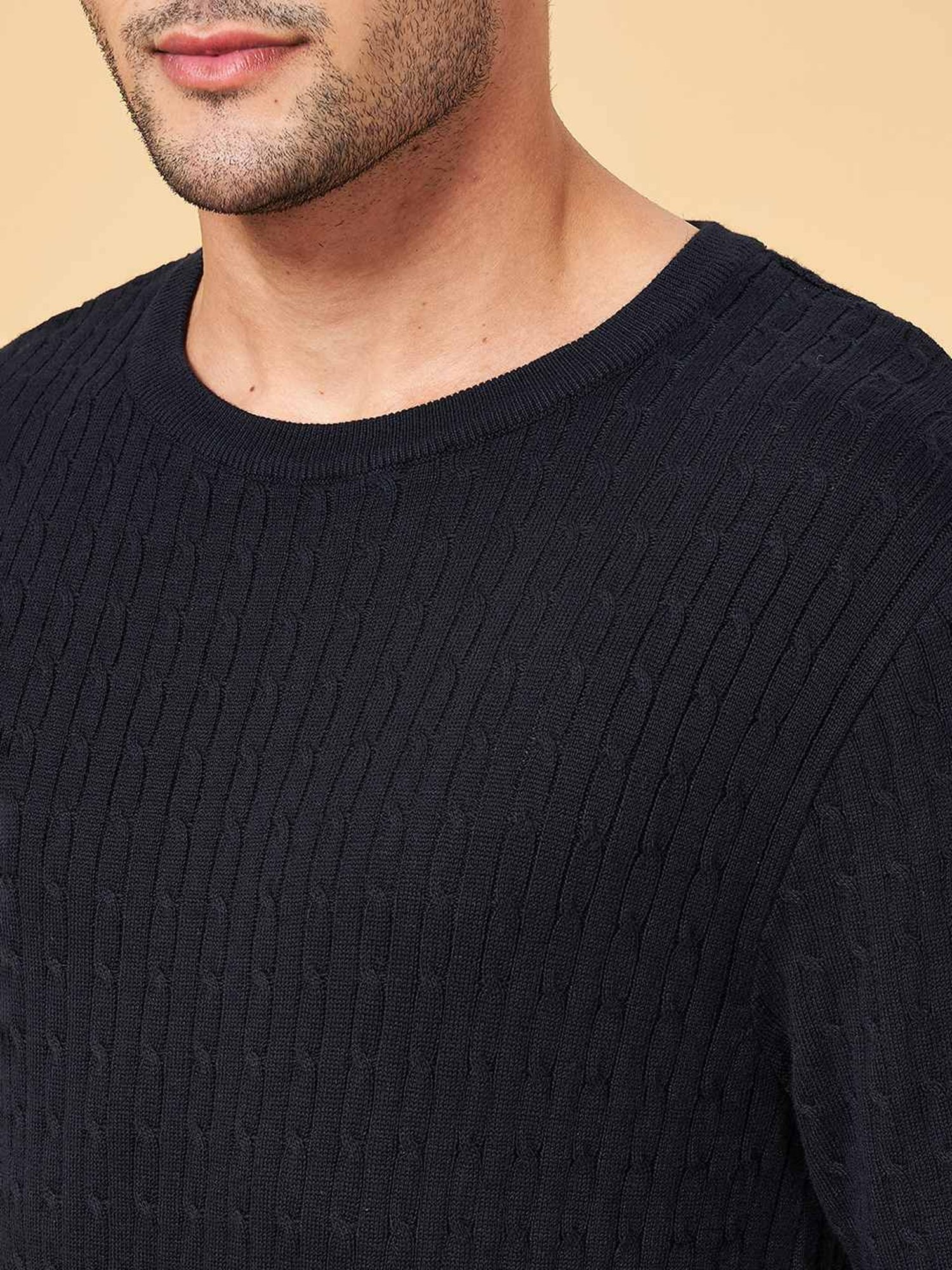 Byford by Pantaloons Navy Cotton Slim Fit Self Pattern Sweater