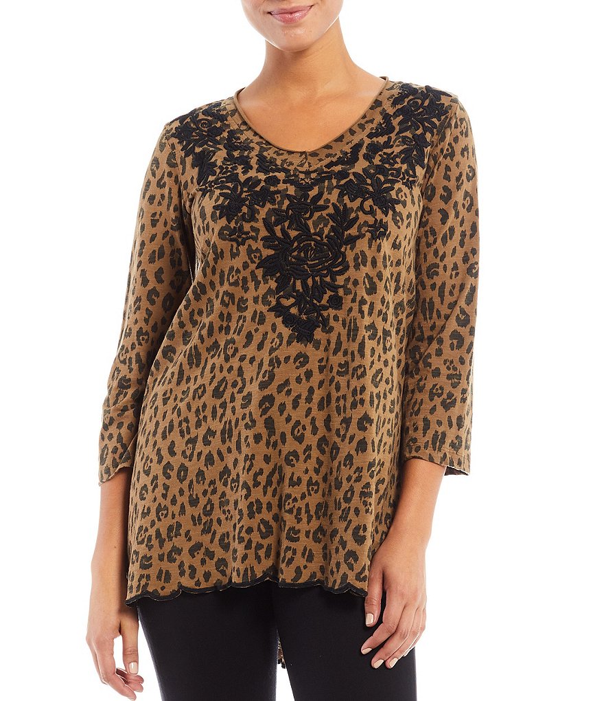 Karyn Seo Mari Embroidered V-Neck 3/4 Sleeve Printed Cotton Tunic