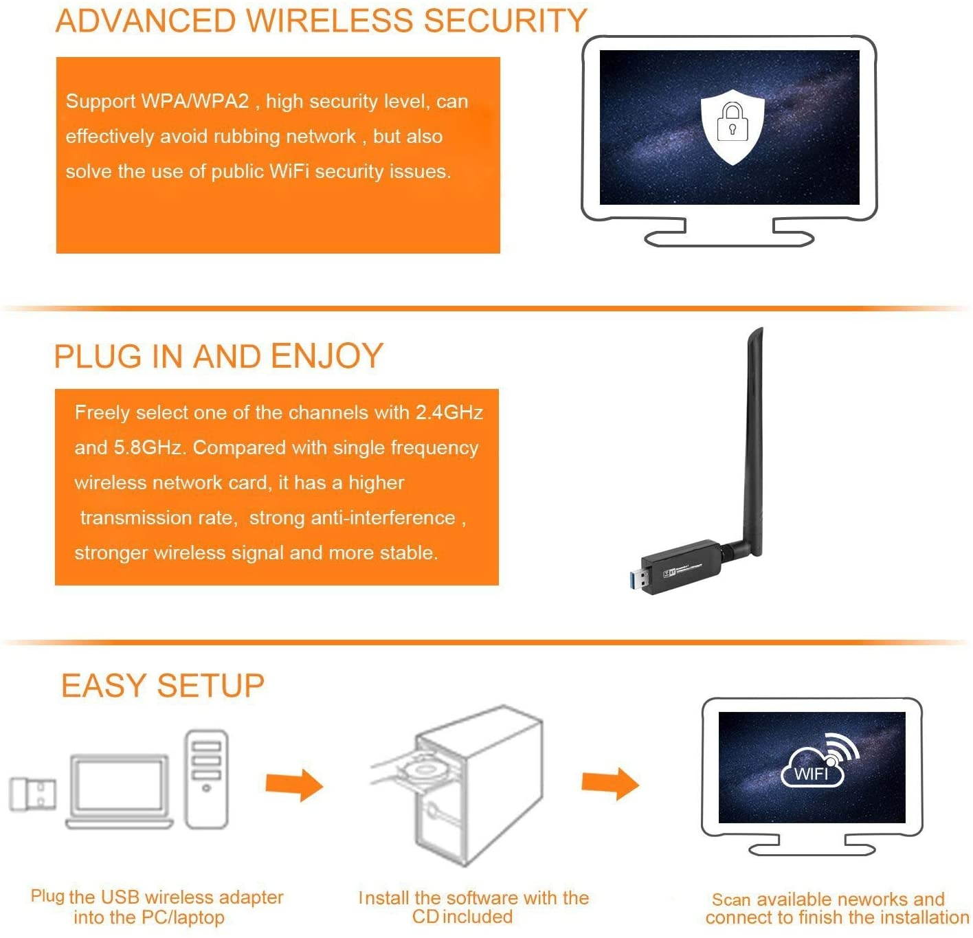 Wireless WiFi Bluetooth Adapter, USB 3.0 WiFi Dongle Network Adapter & Bluetooth 4.1 Transmitter LAN Card AC1200 Dual Band 2.4G/5.8G with Dual Antenna for Desktop/Laptop/PC
